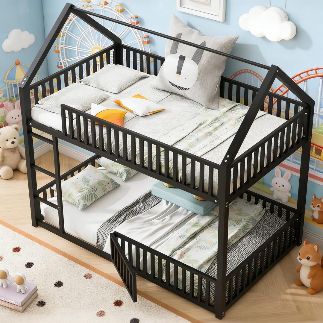 Bellemave Metal Bunk beds Twin Over Twin, House Floor bunk Bed with guardrail and Door for Kids,Black