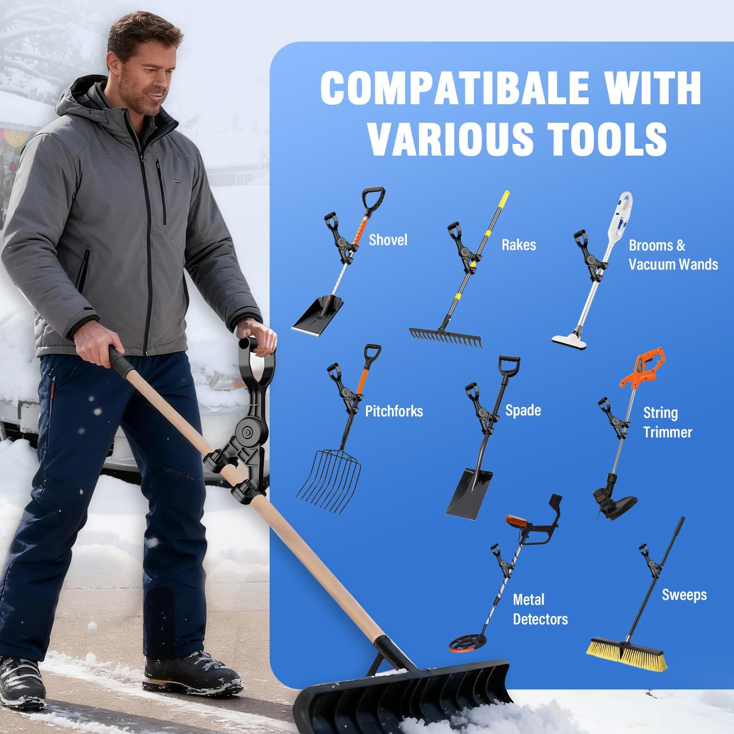 Universal Handle Attachment for Snow Shovel, Goldusk 5-Angle Ergonomic Snow Shovel Handle Replacement, ABS+GF Handle Extension for Snow Shovel, Rake, String Trimmer, Back-Saving Design