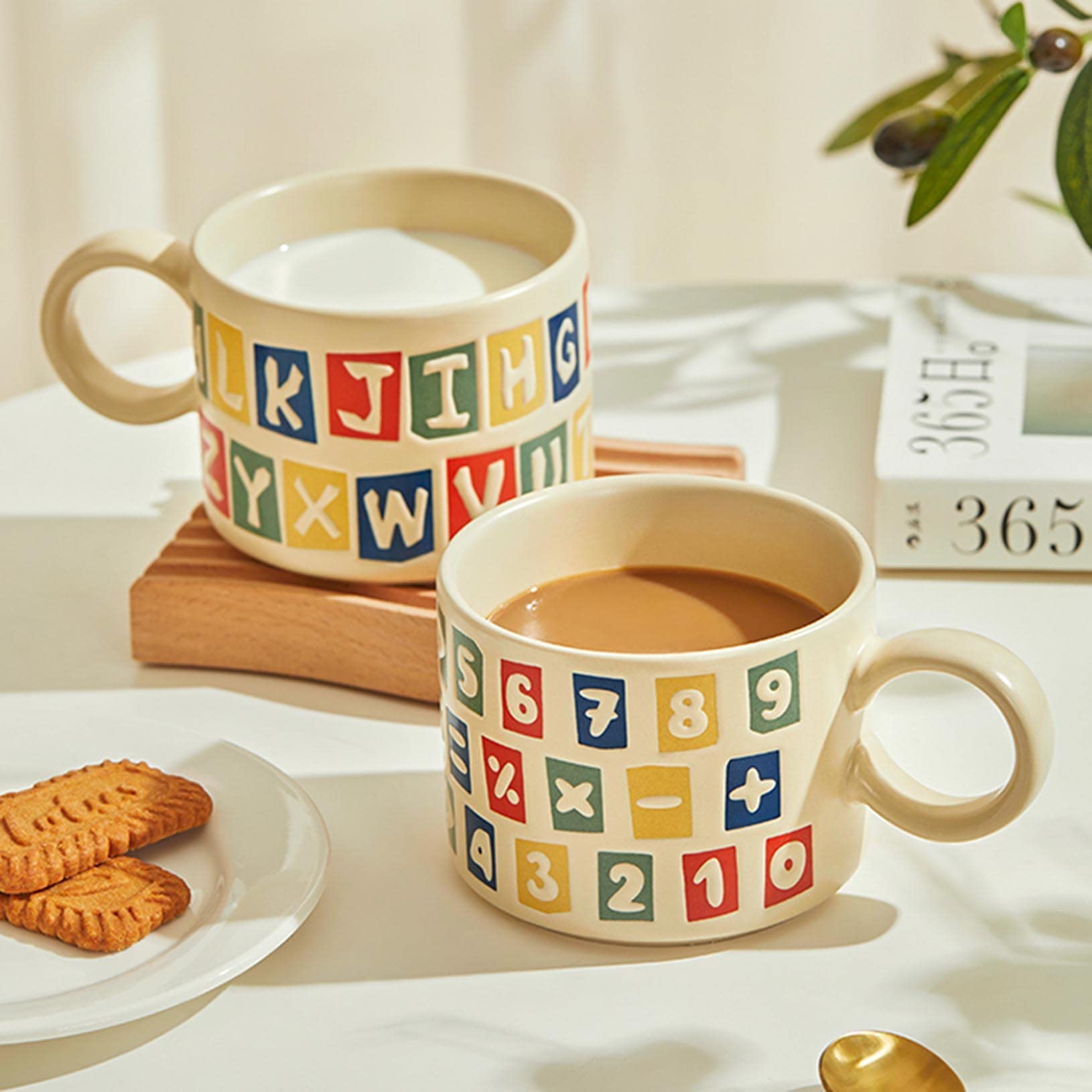 ZALTAS Duży ceramiczny kubek śniadaniowy, rzeźbiony ręcznie malowany ceramiczny kubek na płatki owsiane z okrągłym uchwytem, kubek na mleko z wytłoczonym INS, duża filiżanka do kawy, słodka woda B-300