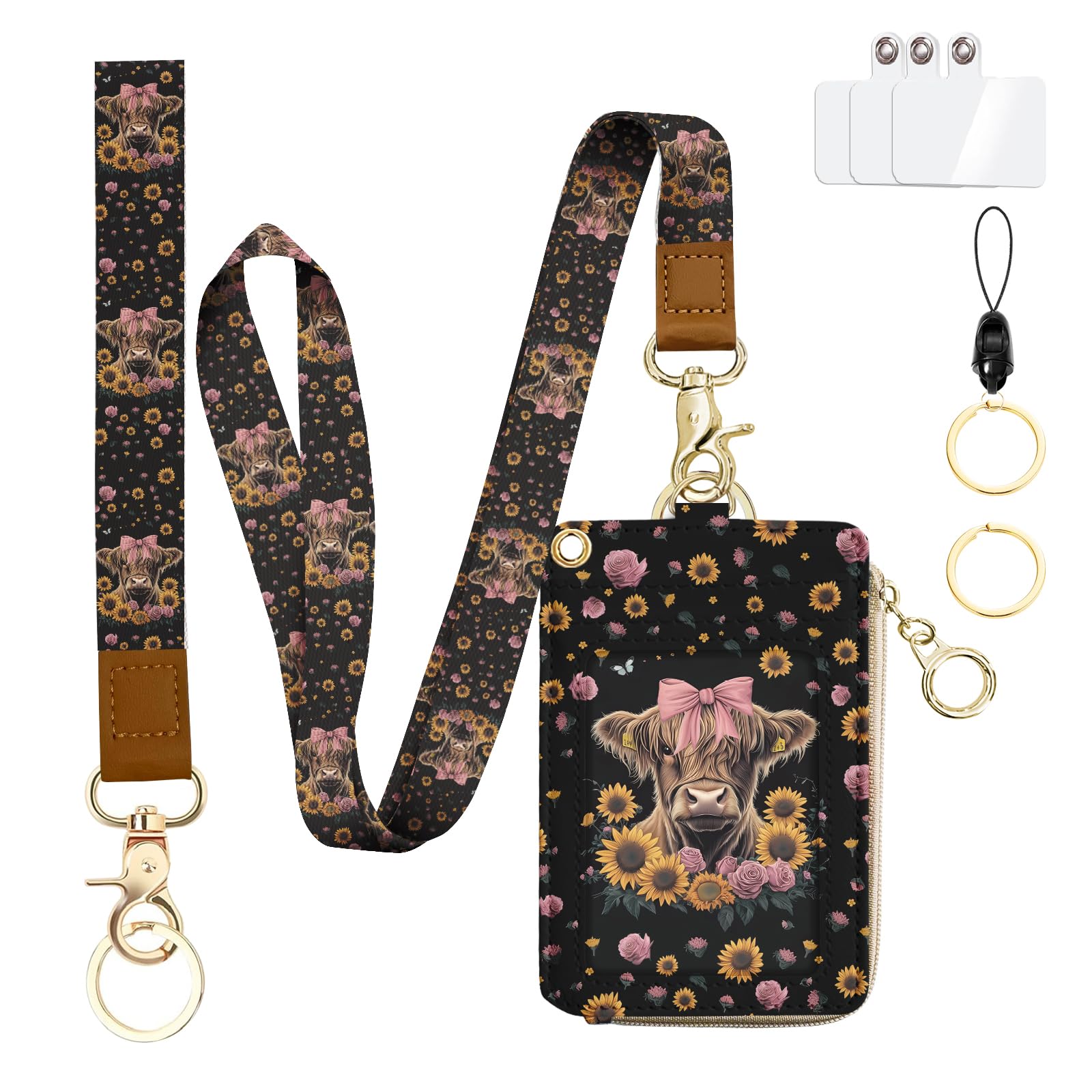 bolimoss Highland Cow RFID Badge Holder with Lanyard Wallet, Leather Sunflower Breakaway Lanyards for ID Holder with Wrist Strap, Small Id Case Wallet with Zipper Pocket for Nurse Teacher Student Work — image 1