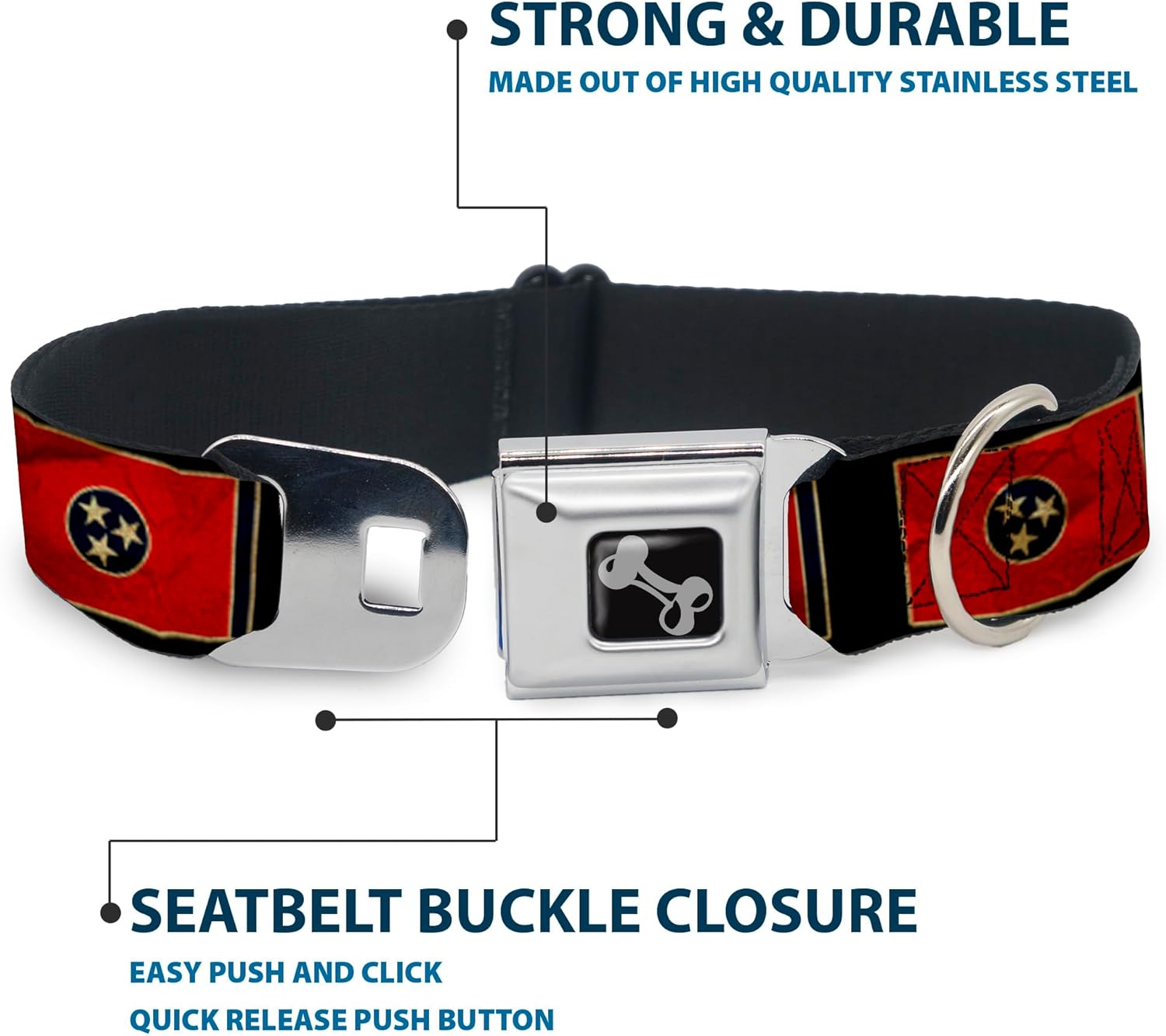 Dog Collar Seatbelt Buckle Tennessee Flag Black Distressed 18 to 32 Inches 1.5 Inch Wide