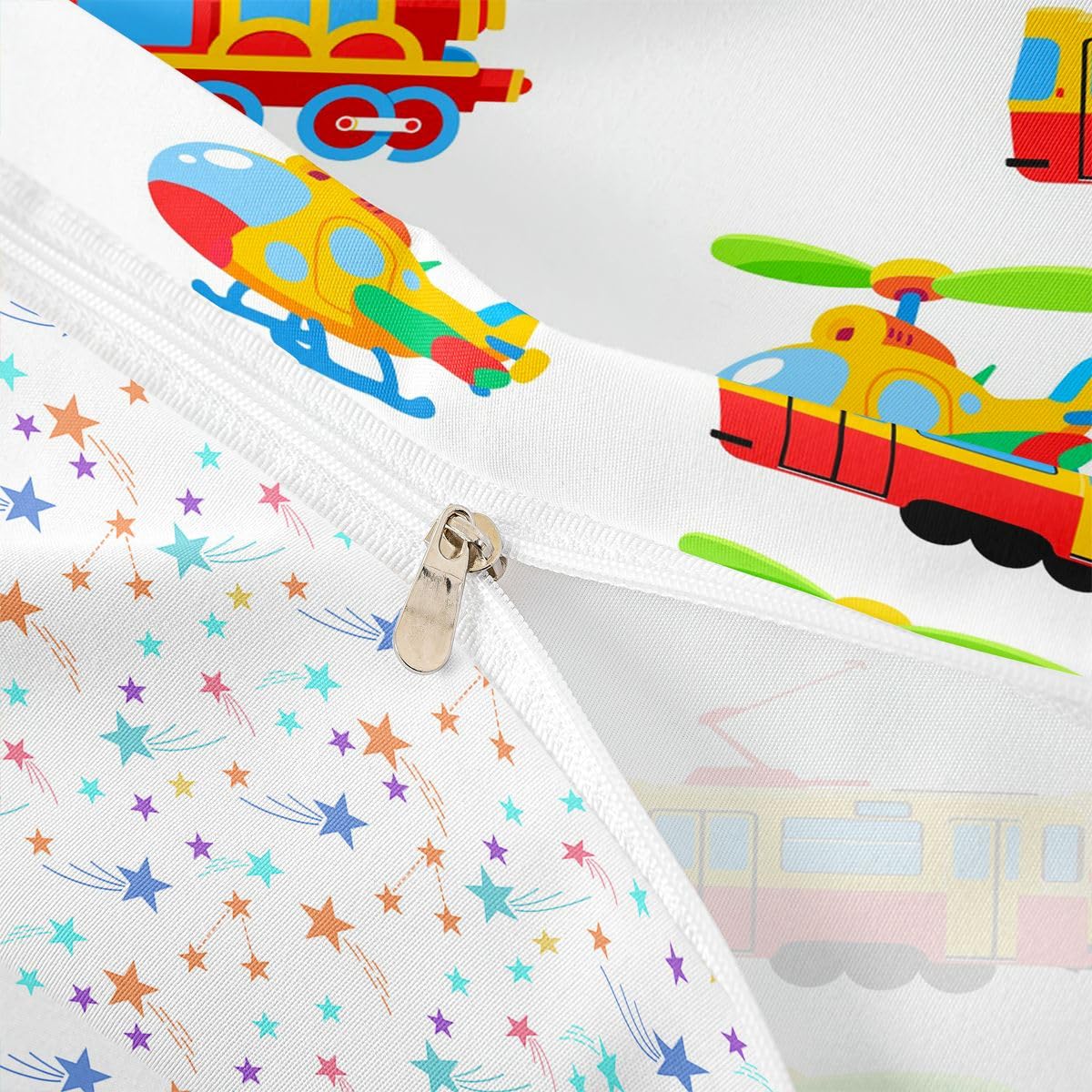Cartoon Car Bedding Set Kids Construction Comforter Cover Set for Boys Cute Train Aircraft Duvet Cover Breathable Airplane Print Construction Vehicles Bedspread Cover Room Decor Quilt Cover King Size