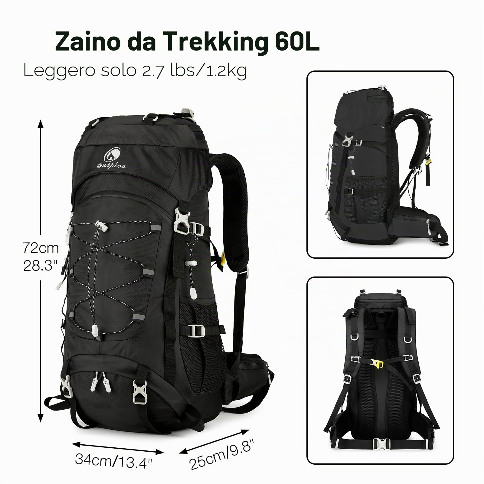Zaino da trekking impermeabile da 60L per uomini e donne, grande zaino da campeggio con copripioggia, zaino da trekking con rete posteriore per viaggi trekking backpacking, Nero , ‎60L