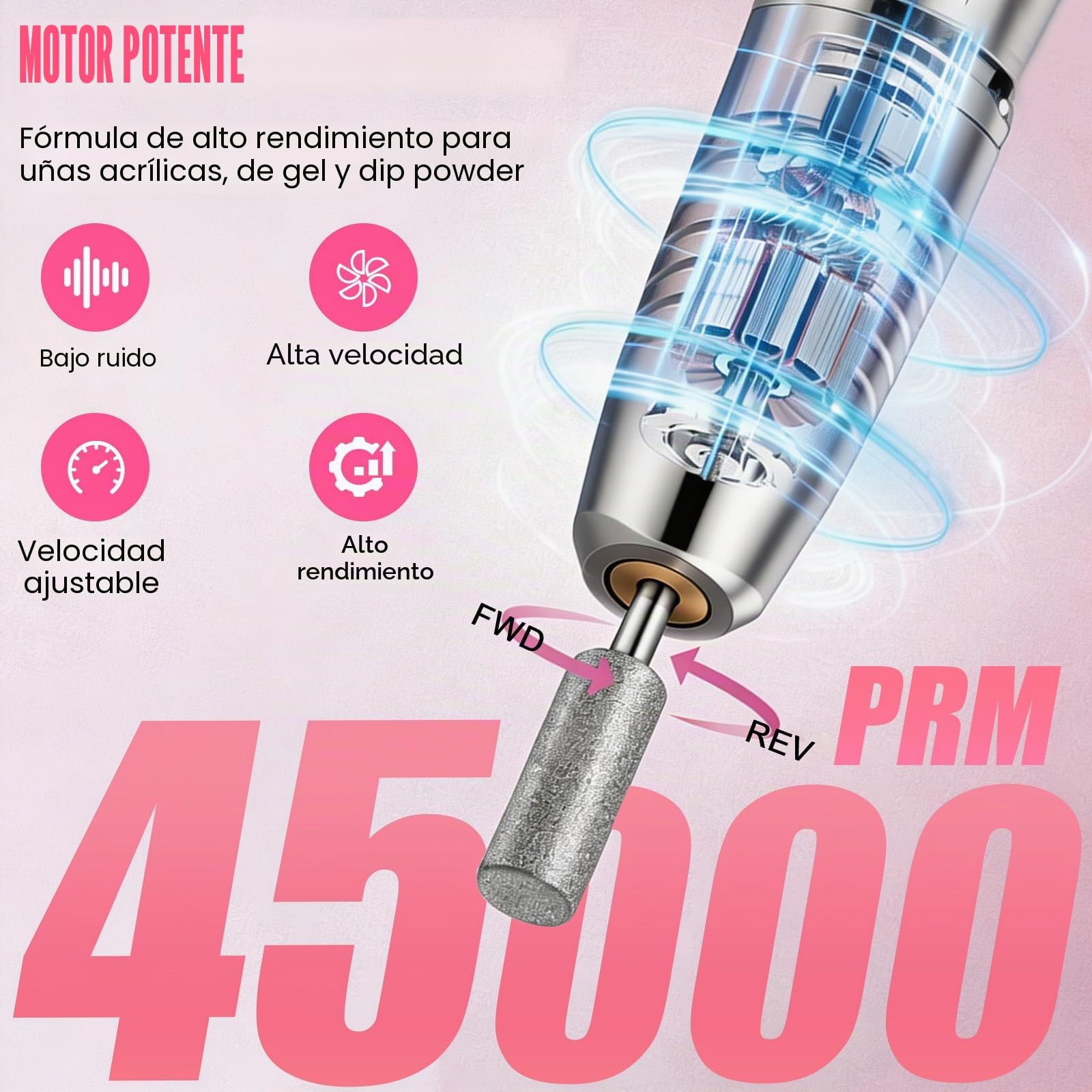 Torno para Uñas Profesional 45000 RPM, Pulidoras de uñas Portatil Velocidad Ajustable para Uñas de Gel y Acrílico, Torno Molinillo de Uñas Eléctrico con Pantalla LCD, 6 Brocas y 50 Bandas