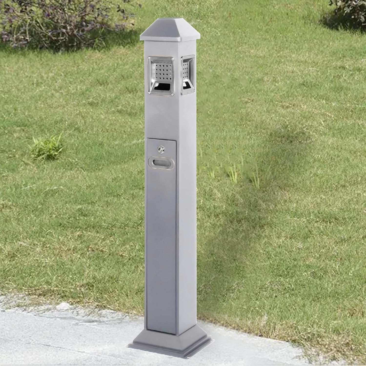 Cubo de basura vertical de acero inoxidable con 4 entradas, 120 cm, para exteriores, con cierre