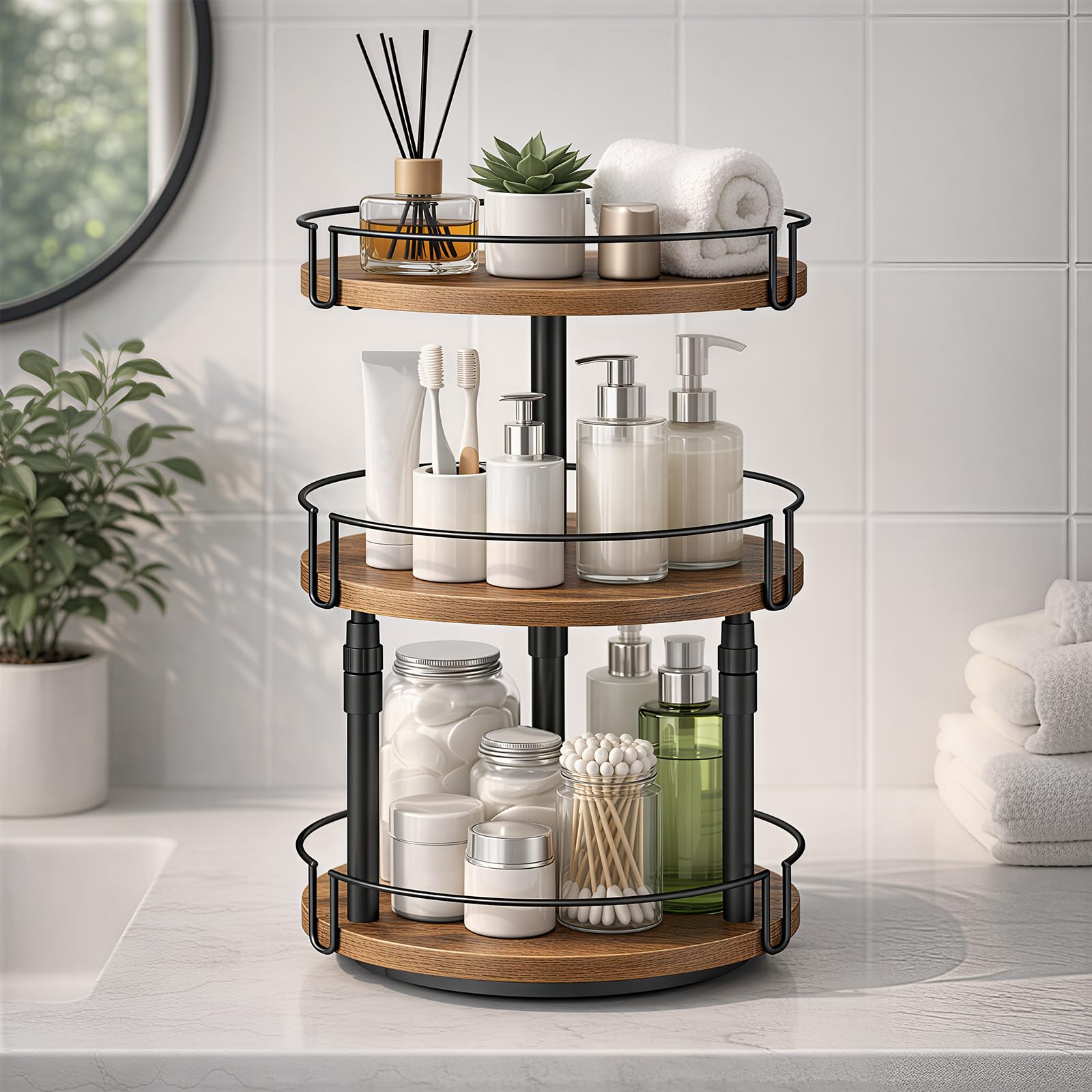 HOOBRO Étagère à Épices Rotative 3 Niveaux, Porte-Épices, Étagère de Rangement de Cuisine, Hauteur Réglable, Support à Épices, pour Cuisine, Salon, Salle de Bain, Marron Rustique et Noir EBF59TL01