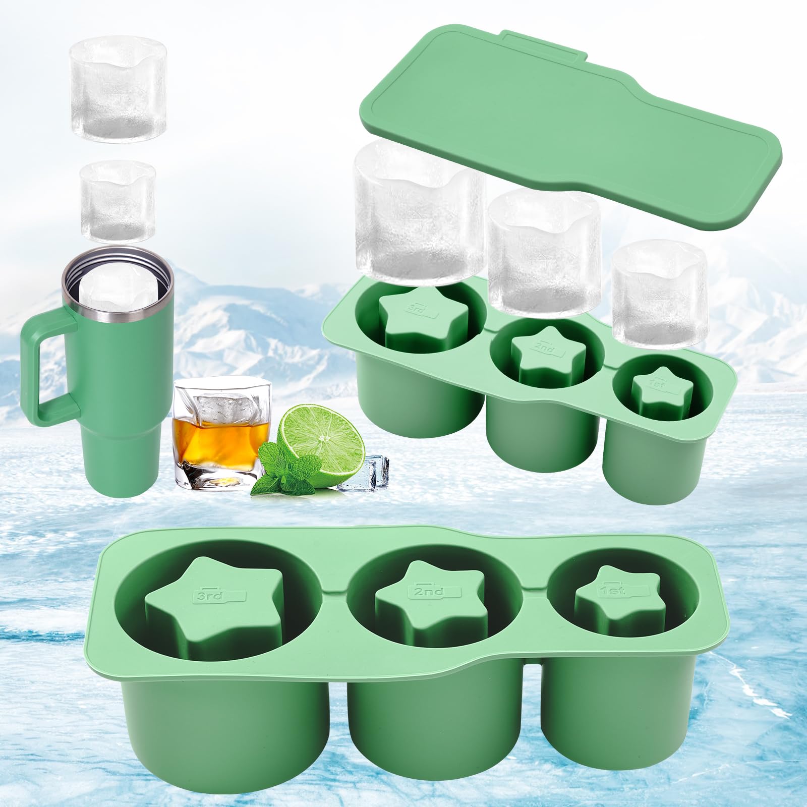 ASPMIZ Ice Cube Tray for Tumbler Cup, Silicone Ice Cube Tray with Lid, Stanley Ice Mold, Ice Cube Trays for Freezer, 3 Star-Shaped Hollow Stanley Cup Ice Mold for Whiskey Cocktails Coffee, Green