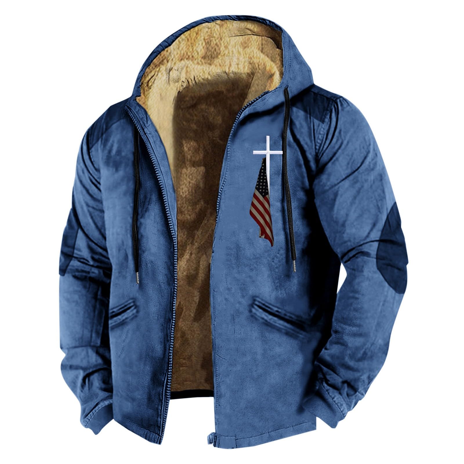 GenericLong Coat Men Men's Winter Fashion 3D Printed Flag Hooded Brown Zipper Personalized Patch Casual Cotton Jacket Puffer Deals Daily Essentials Christmas Mens Jacket