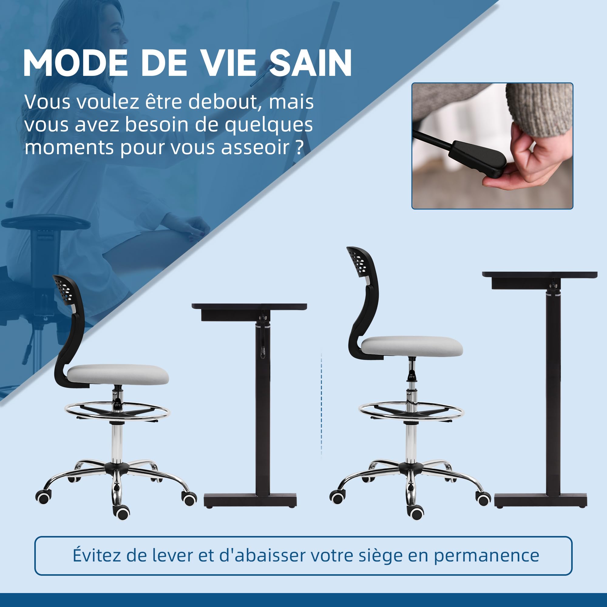 Vinsetto Sedia da ufficio ergonomica sgabello da ufficio con poggiapiedi e senza braccioli, sedia da disegno a schienale medio in rete, altezza regolabile, seduta imbottita e girevole a 360° grigio