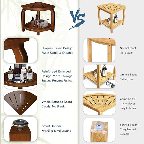 Miniatura 4 de Taburete de ducha esquinero de bambú para afeitarse las piernas, reposapiés, asiento de baño impermeable con estante de almacenamiento para baño