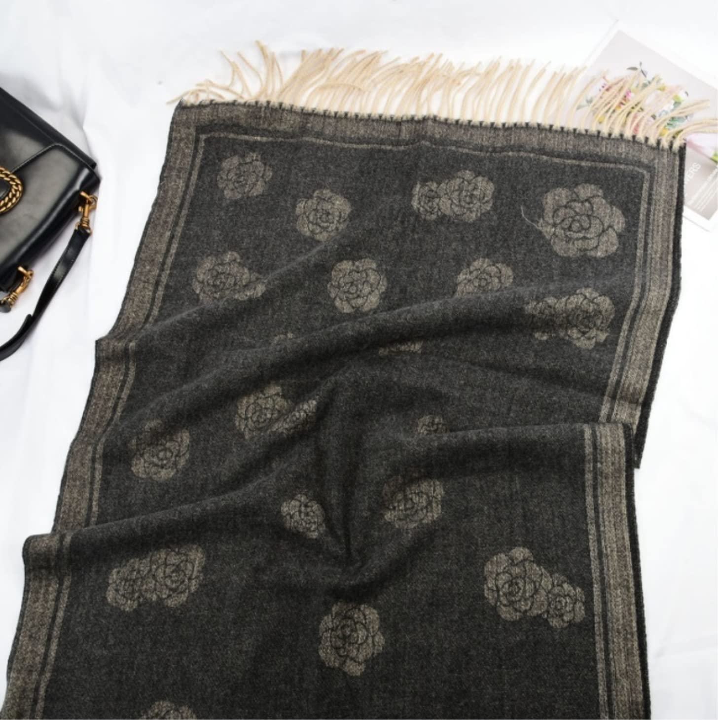 Sciarpa Calda Sciarpa Invernale da Donna con Motivo Floreale, Versatile, Frange per La Vita Quotidiana(Black)