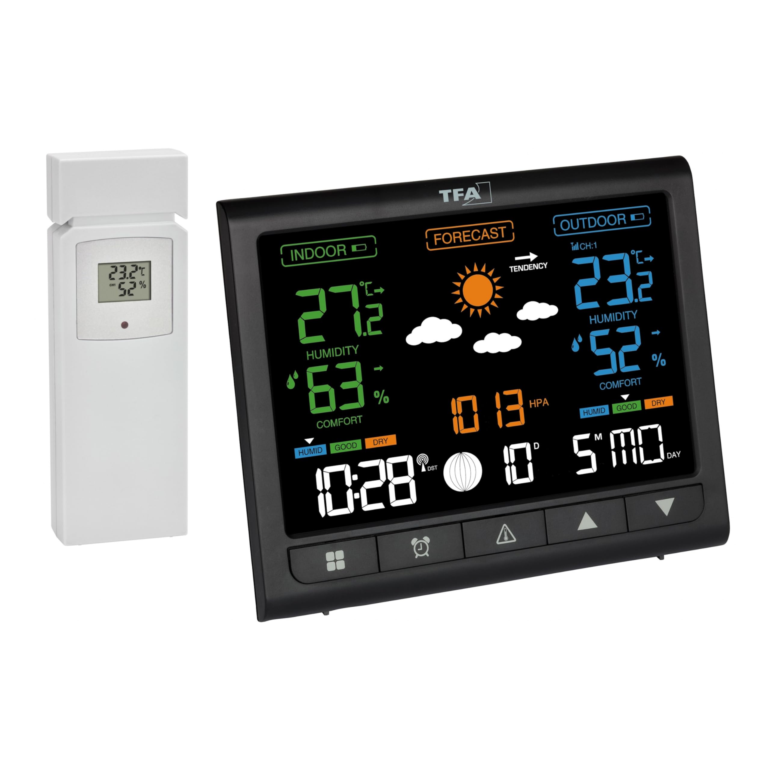 TFA Dostmann stazione meteo con sensore esterno con display VA Contrast, 35.1171, termometro e igrometro per interni/esterni, previsioni meteo, allarme temperatura, orologio, nero
