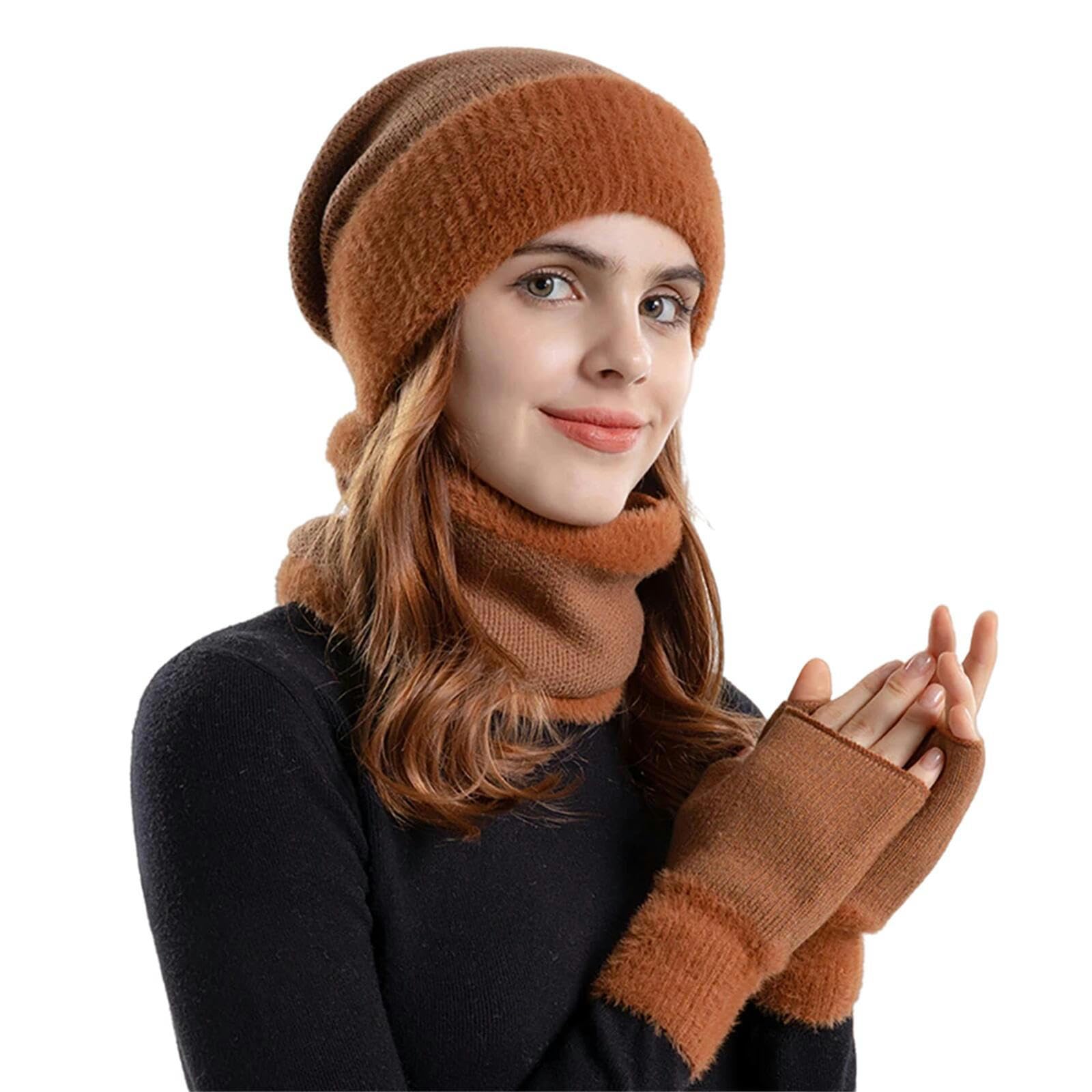 Schal Mütze Handschuh Set Winter Gestrickte Mütze Hut Halswärmer Handschuhe Mode Außenhut Für Frauen