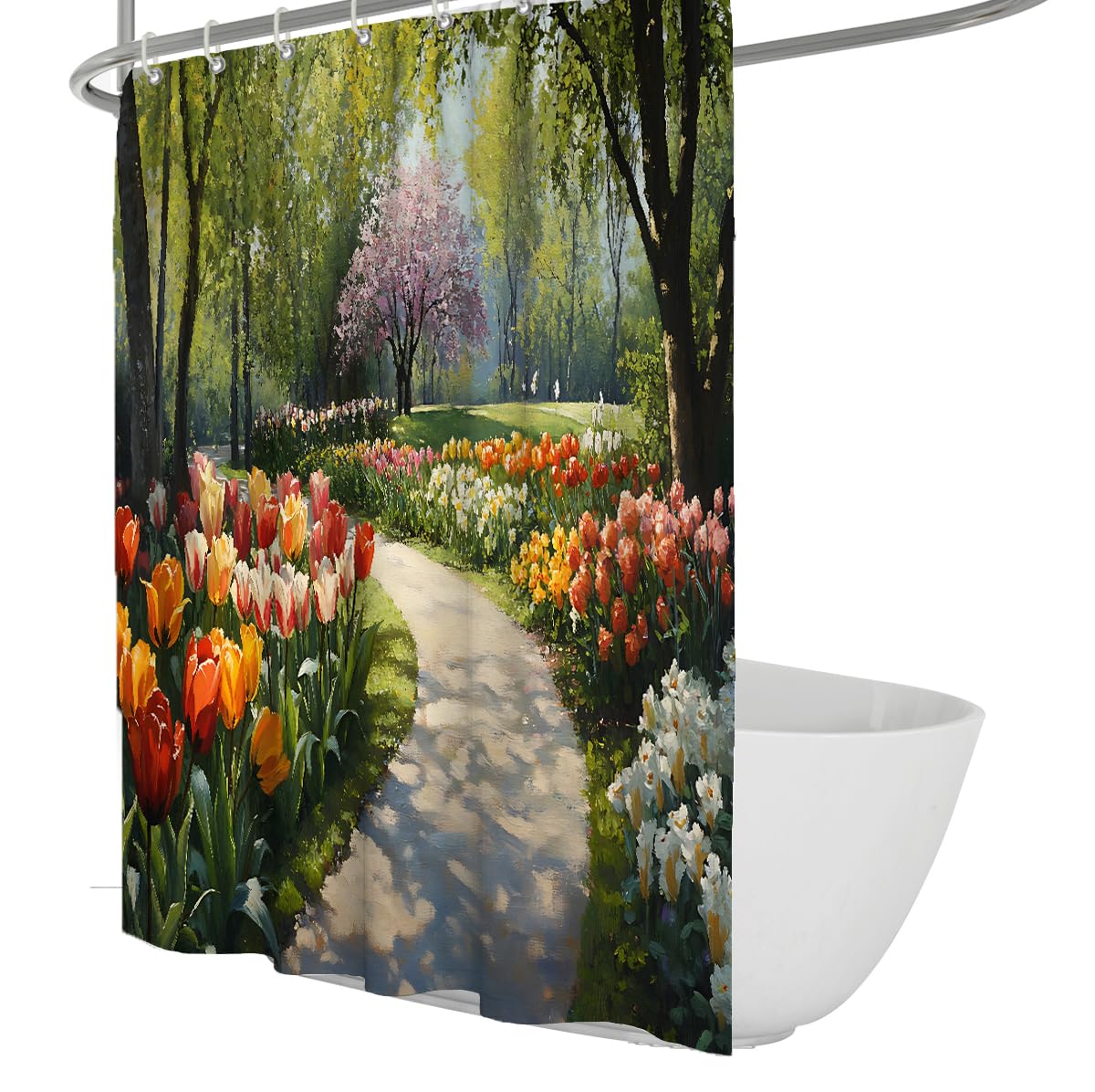 UERWOWELL Garden Path Shower Curtain Spring Landscape Bathroom Decor Waterproof Polyester Fabric Tulip Flower Art Bathtub Curtains with Hooks W180xL180 cm