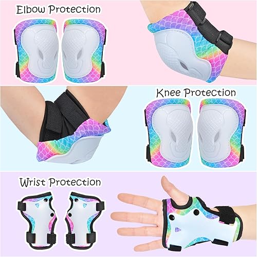 Miniatura 4 de Rodilleras para niños, coderas, muñequeras con bolsa de malla con cordón, juego de equipo de protección 7 en 1 para niñas y niños para patinaje,