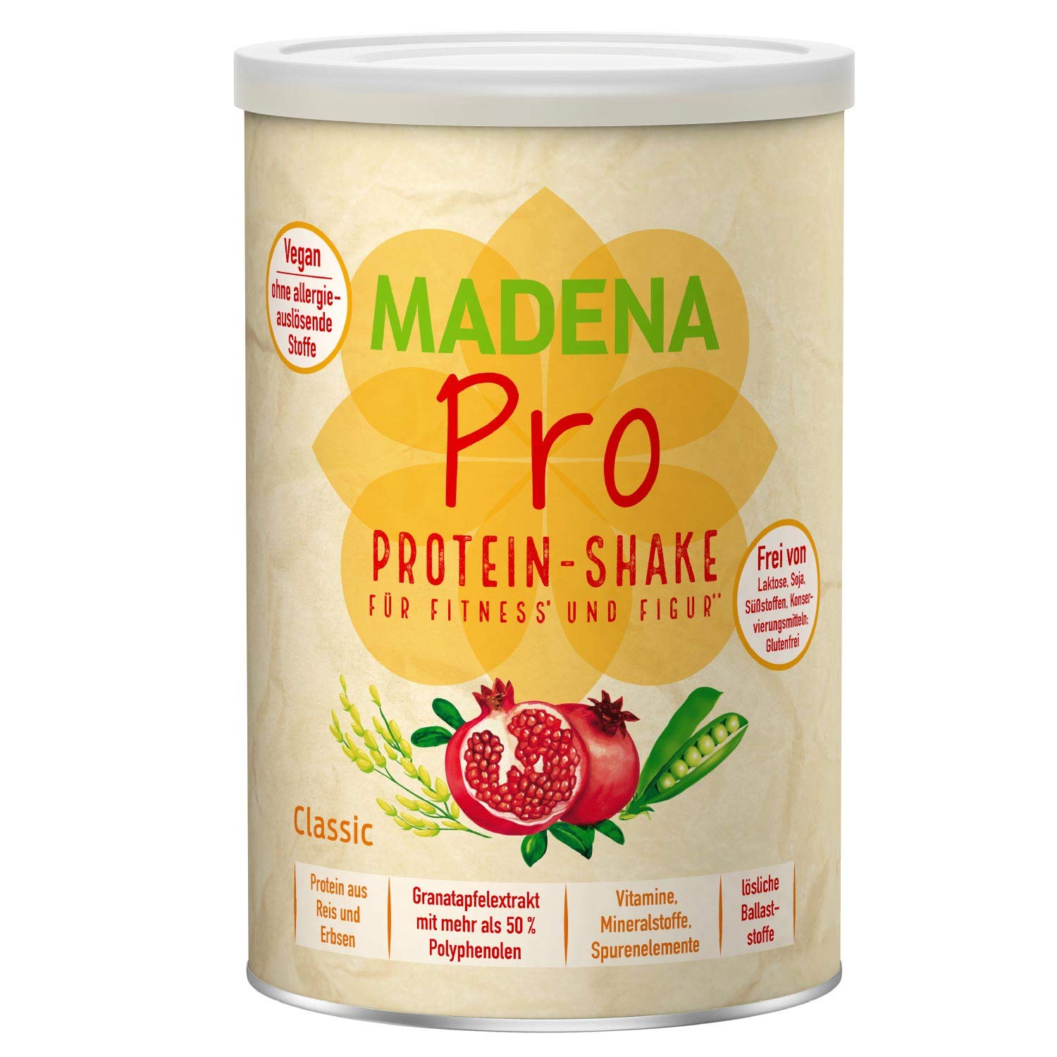 MADENA Pro Vegan Protein Pulver – rein pflanzliches Proteinpulver aus Reis u. Erbsen ohne Soja – Eiweißpulver vegan mit hochdosiertem Granatapfelextrakt für deinen Protein-Shake, ohne Zucker