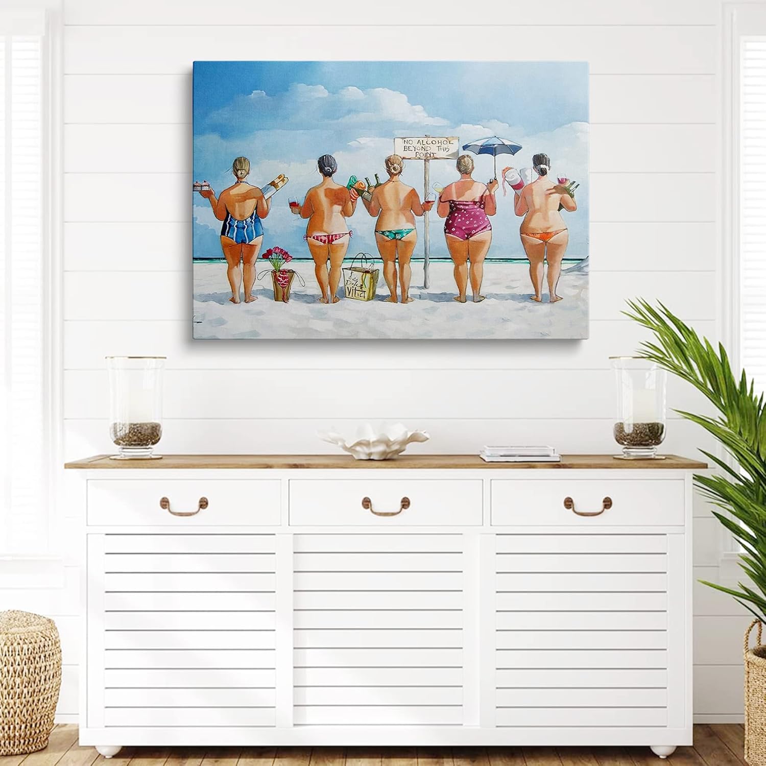Bathroom Beach Canvas Wall Art - No Alcohol Beyond This Point by Ronald West - Beach Girls Canvas Prints Ocean Wall Decor for Home Decoration 16"x24"