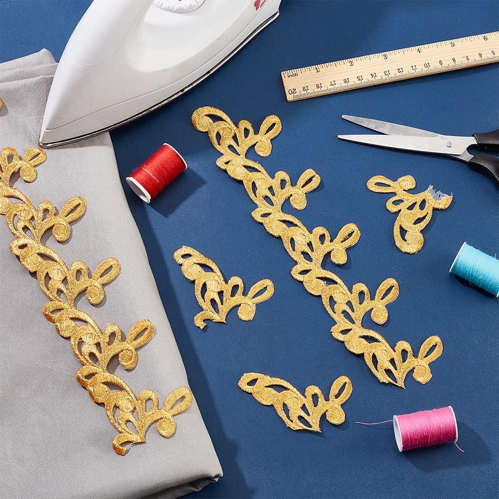 NBEADS 4.37 Yards Gold Embroidery Polyester Ribbons, 2.3 Inch Wide Adhesive Goldenrod Lace Trim Iron on Metallic Flower Lace for Sewing Costumes Gowns Home Decor Garment Accessories image 5