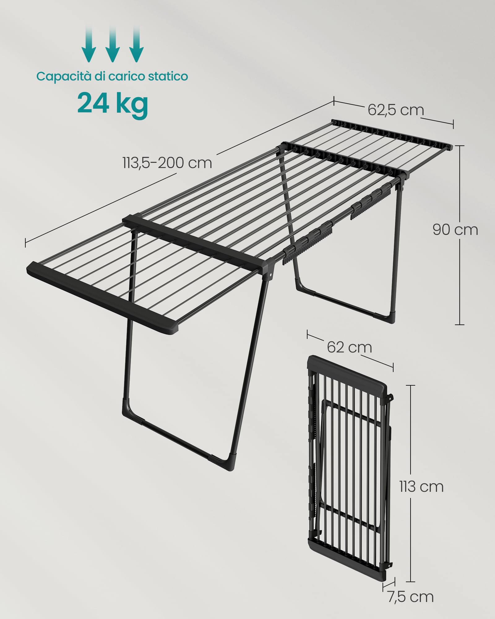 SONGMICS Stendibiancheria Pieghevole, Superficie di Asciugatura 22 m | Stendino da Terra, Ali Estensibili, con Porta Calzini, Nero Inchiostro, Bunji LLR522BH01