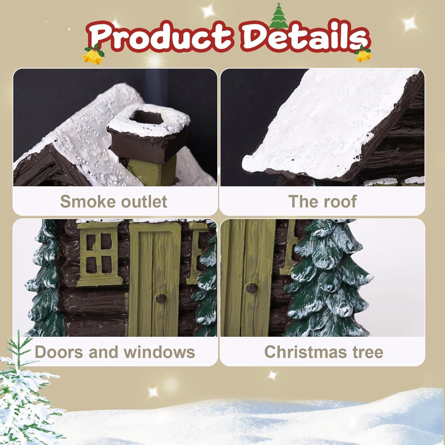 Log Cabin Incense Burner, Christmas Snowy Winter Incense Burner, Home Incense Cone Burner with 2 Incense Cones, Resin Incense Cone Holder Christmas Room Decorations