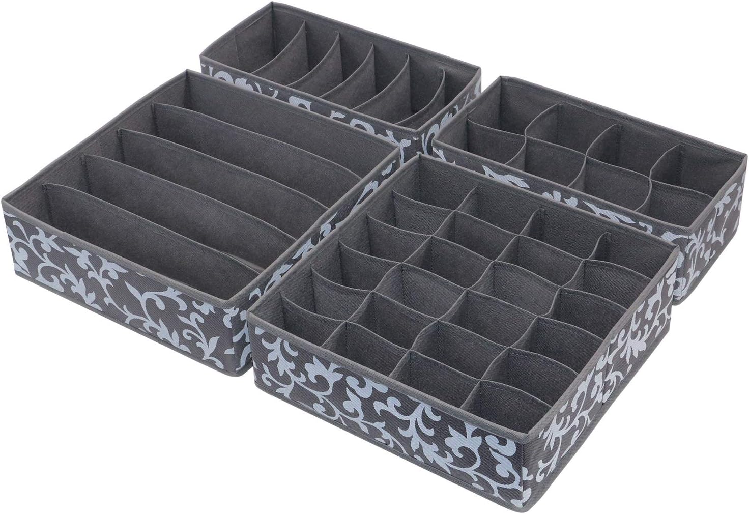 Onlyeasy Set of 4 Closet Underwear Organizer Drawer Dividers, Foldable Cloth Storage Boxes, for Bras, Socks, Underwears, Briefs, Ties, Scarves, Grey Classic, MNCLSS4P