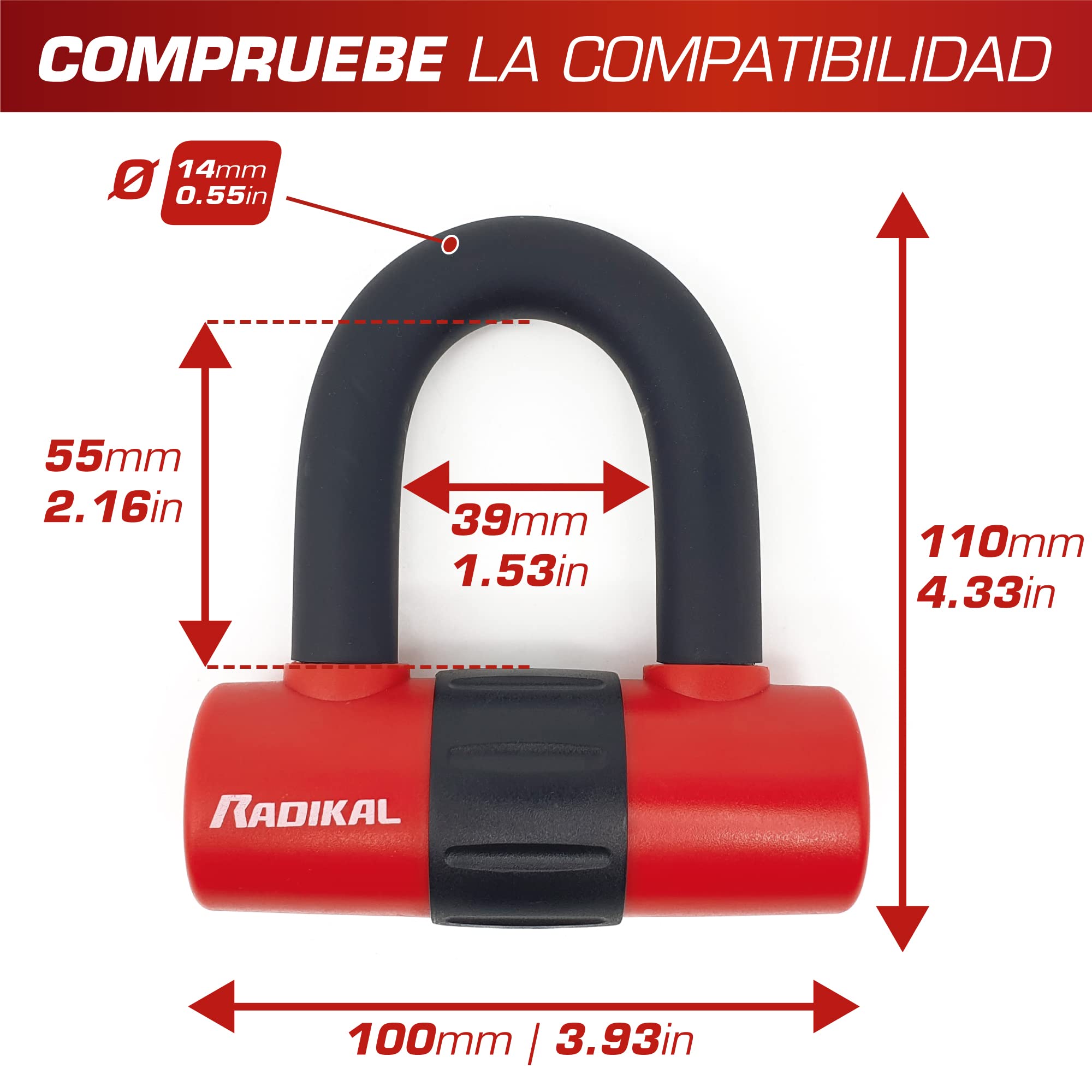 RADIKAL RK72120L Candado Antirrobo Mini U con Cadena Lazo 120 cm, Más Polivalente para Candado Moto Disco +Cable, Cerradura Alta Seguridad y Doble Cierre Antirobo Universal para Moto Scooter Bicicleta