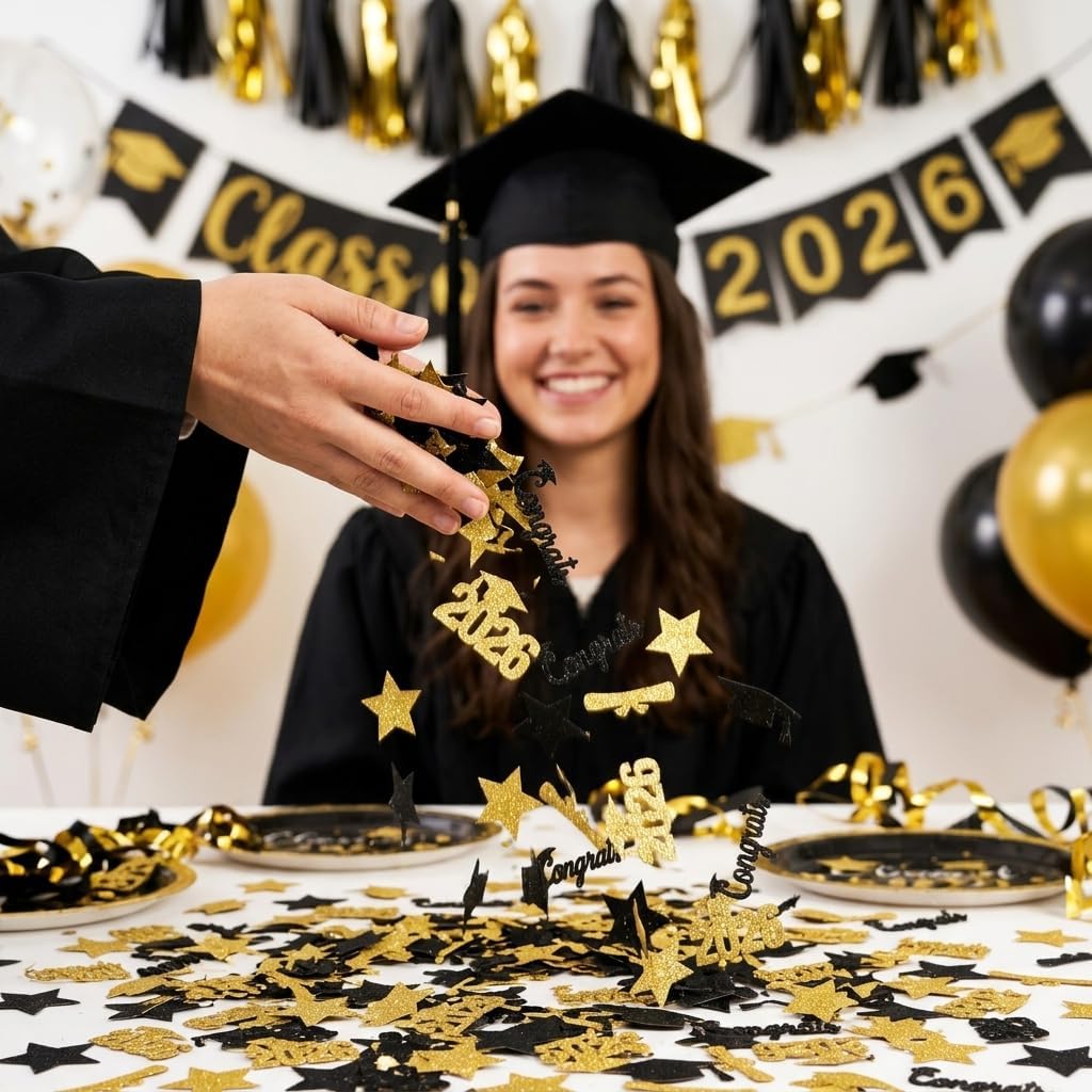 Congrats Grad Confetti 2026, 200 Pcs Black and Gold Glitter Class of 2026 Party Table Scatters Graduation Decorations for Graduation Party Supplies