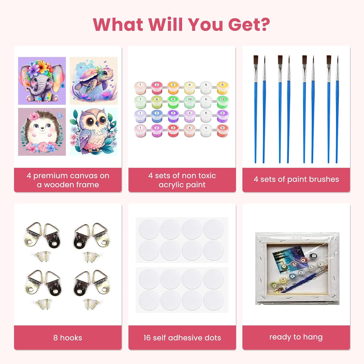 Qukle Framed Paint by Numbers Cute Animals, 4Pack Animals Painting by Numbers Adults on Canvas DIY Oil Painting Acrylic with All Tools for Home Decor 20x20cm