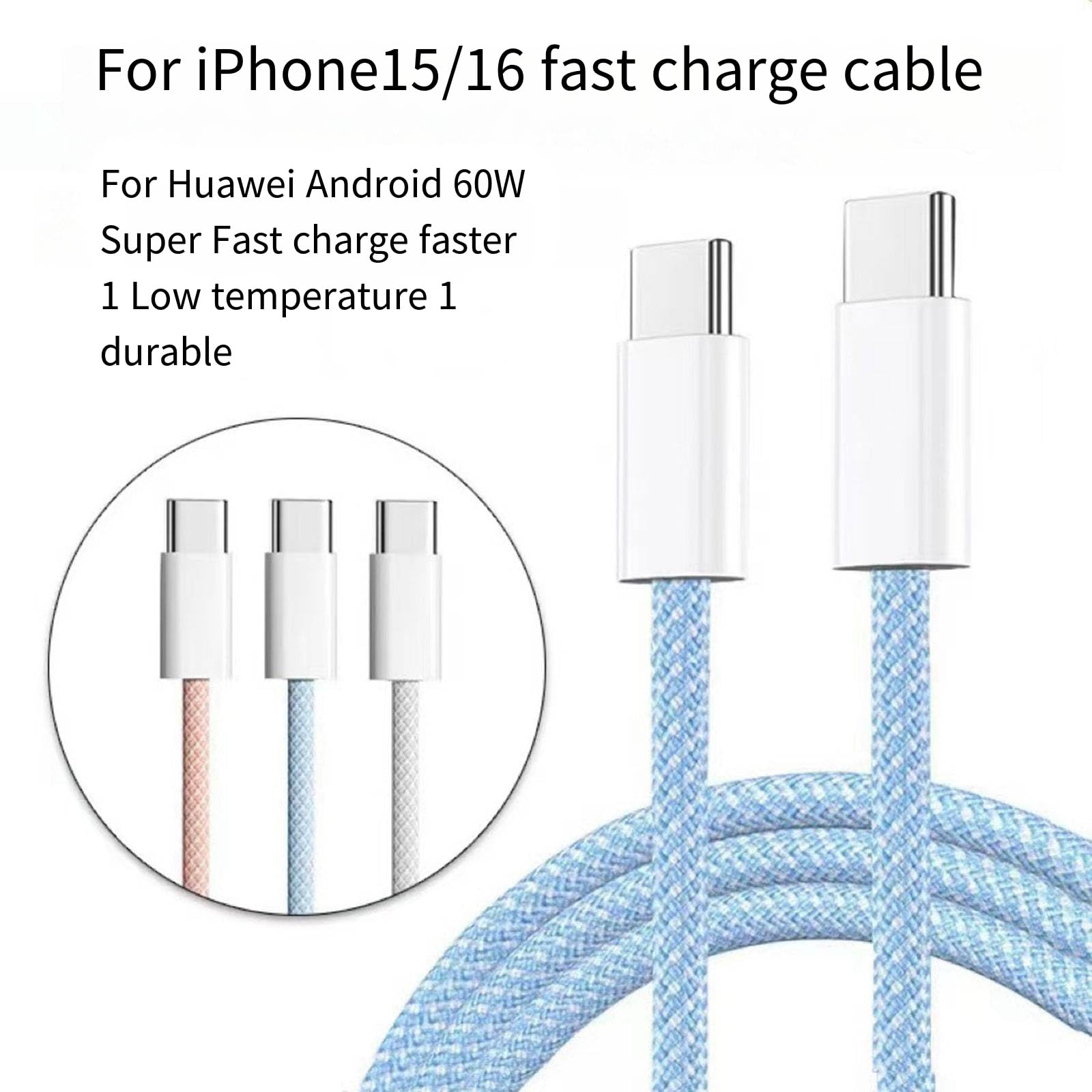 Cable de datos de carga rápida USB-C a USB-C60W, adecuado para teléfono móvil Samsung S23/24/25, teléfono móvil Huawei, iPhone 15/16 (4.9 pies) (blanco)