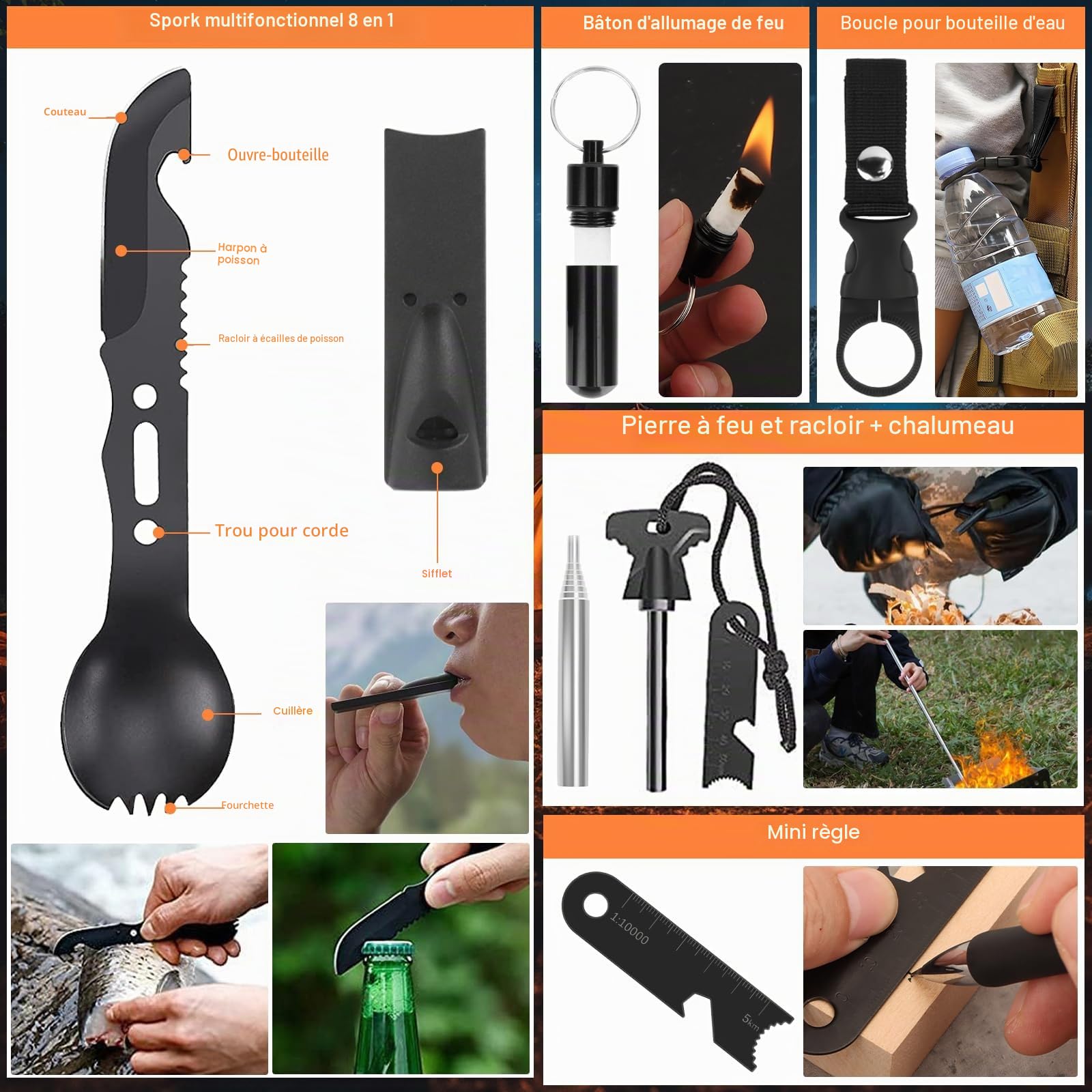 Kit de Survie Sac Complet 30 en 1 de 69 Pièces, Trousse de Secours Lampe Torche Boussole Couverture Sifflet de Survie, pour Camping Randonnée et Chasse Survivalisme