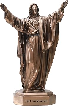 Cold Cast Bronze Jesus Sacred Heart Statue - 12.2" Religious Home Altar Decor with Octagonal Base, Detailed Robe Customized