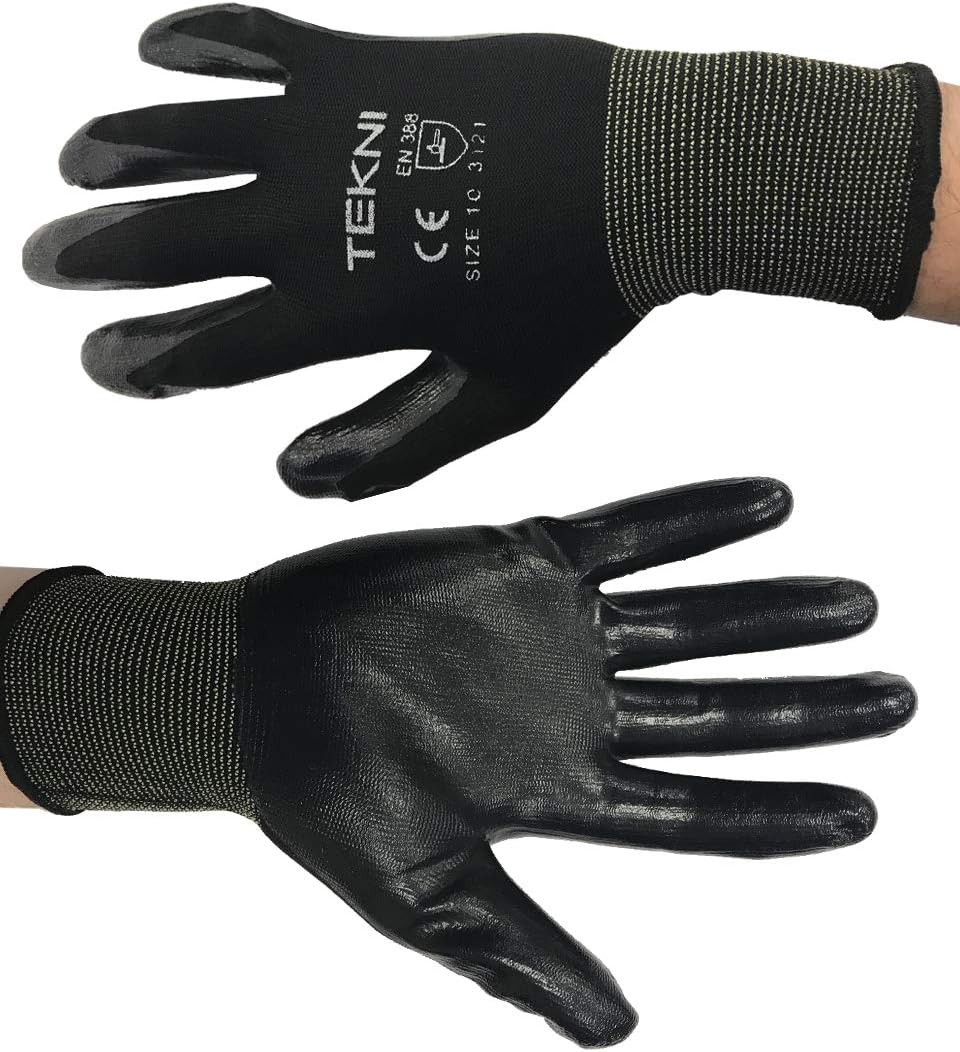 TEKNI Nitrile Coated Nylon Work Gloves, Pack 12 pairs (Medium (8))