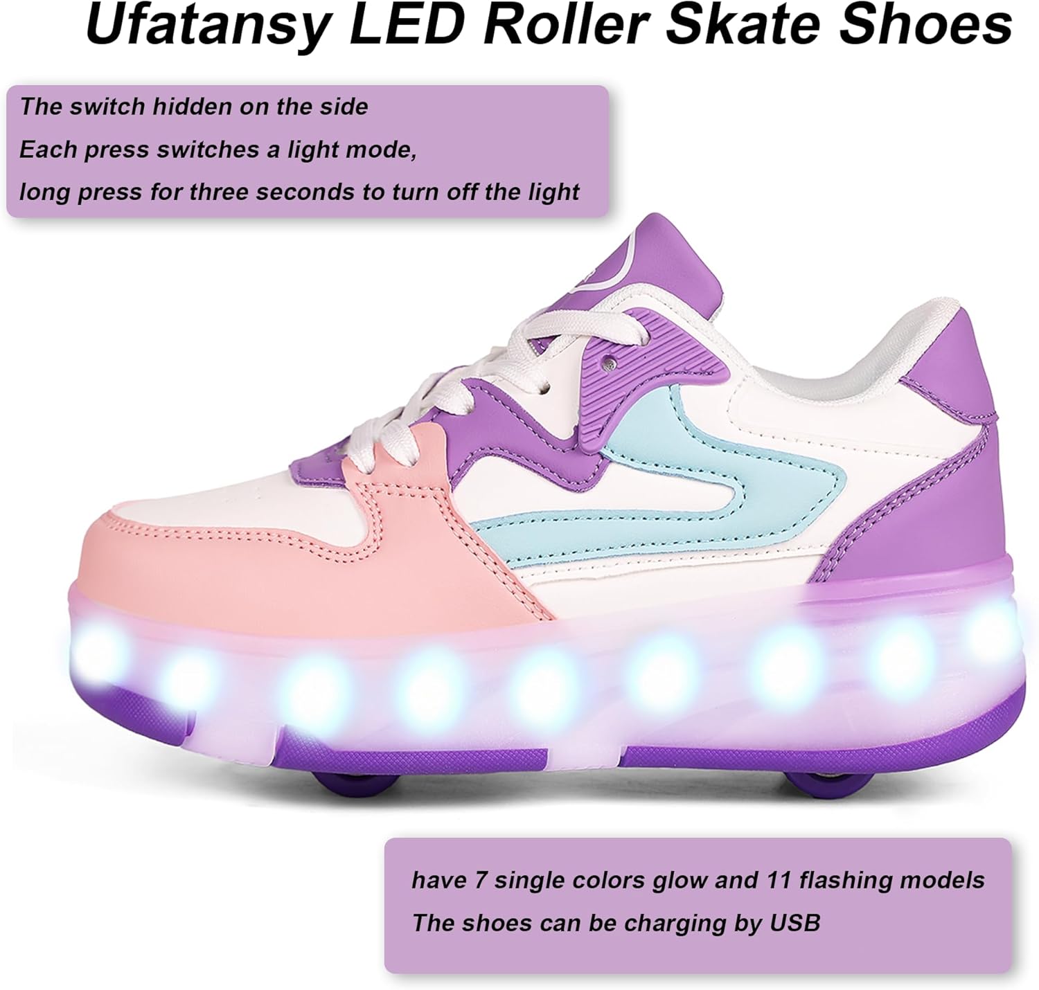 Ufatansy Roller Skates Shoes for Kids Girls Boys 4 Detachable Wheels Roller Sport Shoes 16 Modes Colorful LED Lights Rechargeable Fashion Sneakers Footwear Gifts