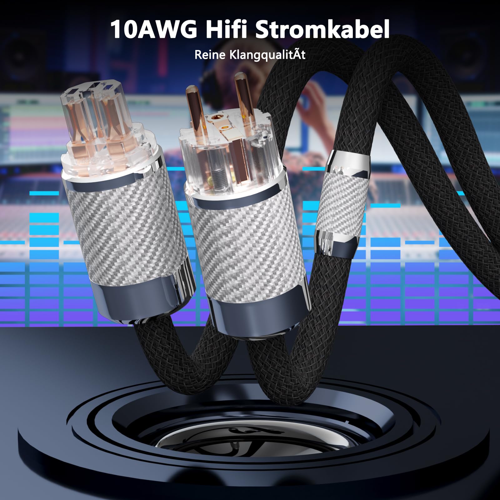 Audiophile HiFi-Netzkabel, HiFi Stromkabel 10AWG EU-Netzkabel,NEMA 5-15P IEC320-C15-Weiblicher Anschluss,125V/15A für Lautsprecher,Subwoofer, Plattenspieler,Verstärker,DAC(Kohlefaser, 1,0M/ 3,3 Fuß)
