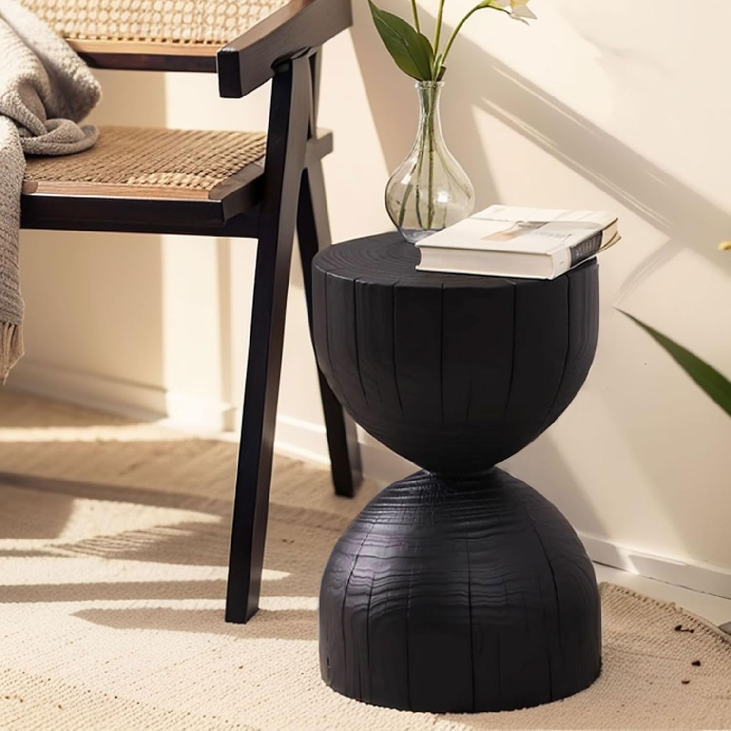 Home Round Coffee Table, Indoor and Outdoor Stump Side Table and Stump Stool,carbonized Black Hourglass-Shaped Stool