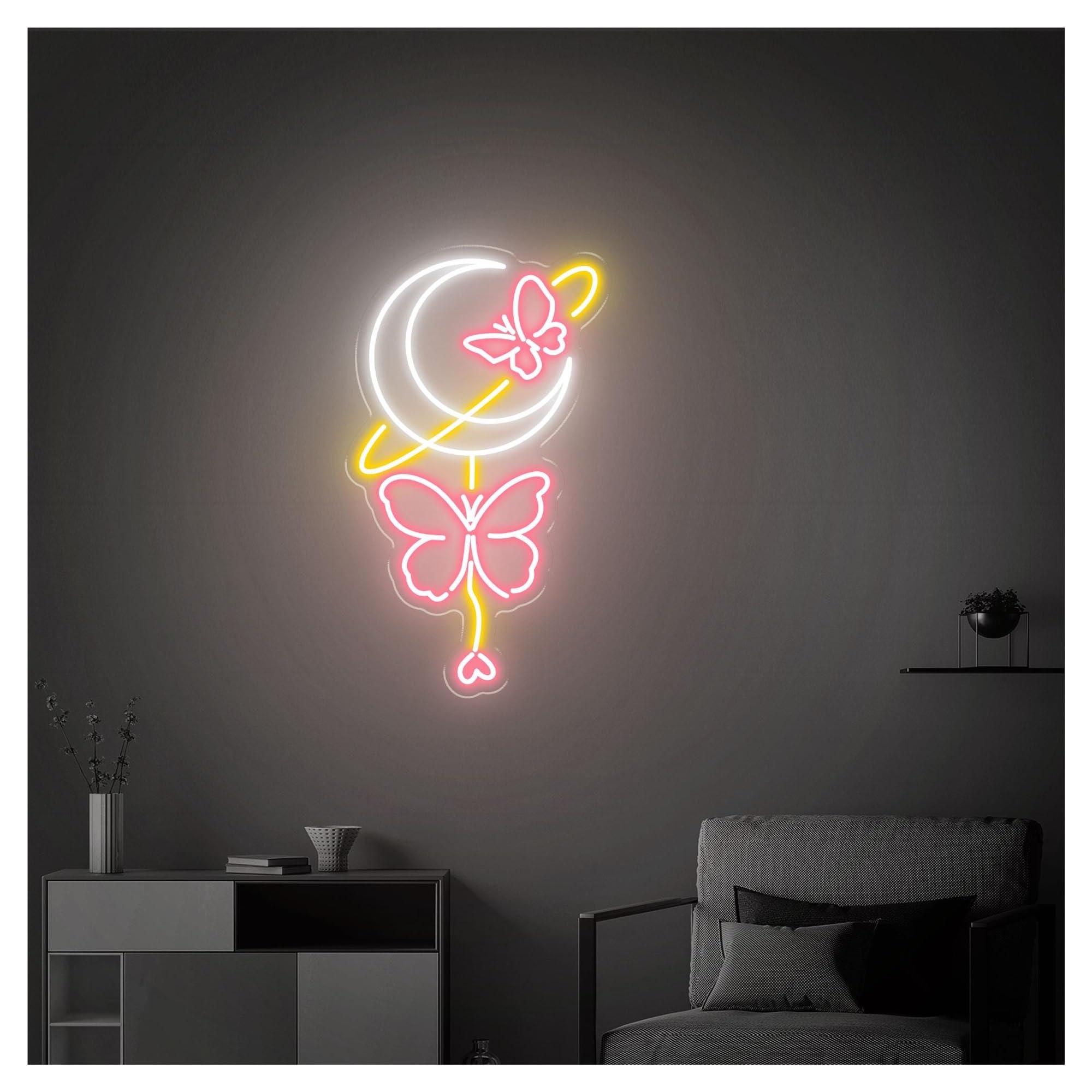 RONGCH Hanging Art Signs Butterfly and Moon Neon Sign,Suitable for Home Bar Wall Decor with Dimmable 29cmx50cm(C)