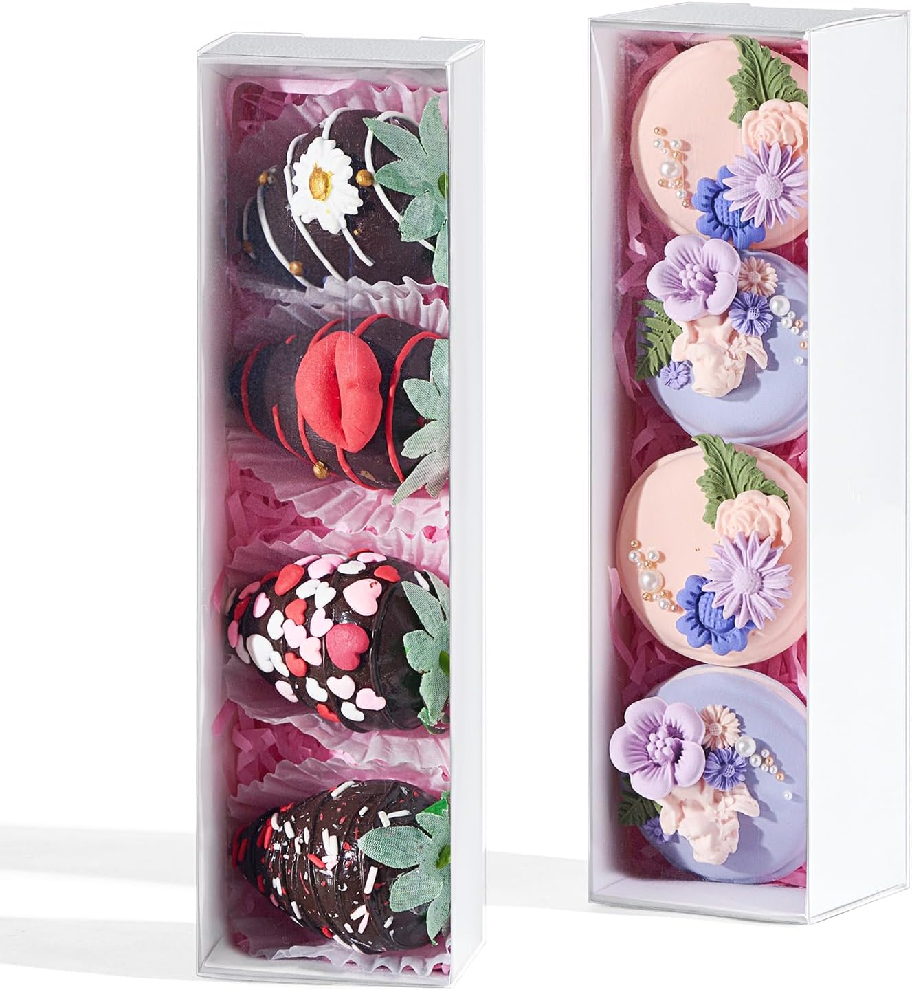 25Pack White Strawberry Box for 4, Macaron Boxes for 8, Long Treat Box for Truffles, Cookies, Ores, Chocolate Cocoa Bombs, Cake Ball Birthday Party Favors&Bakery Supplies