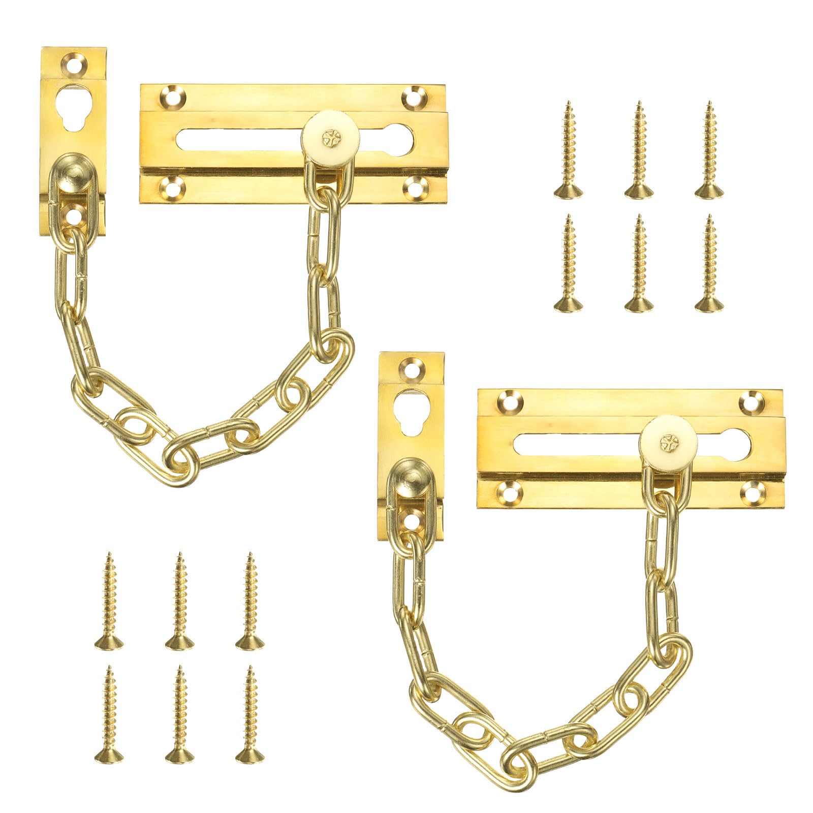 sourcing map 2 Pcs Door Chain Lock, Security Chain Door Guard with Screw, Heavy Duty Lock for Home Office, Hotel Apartment, Inside Door, Brass Tone