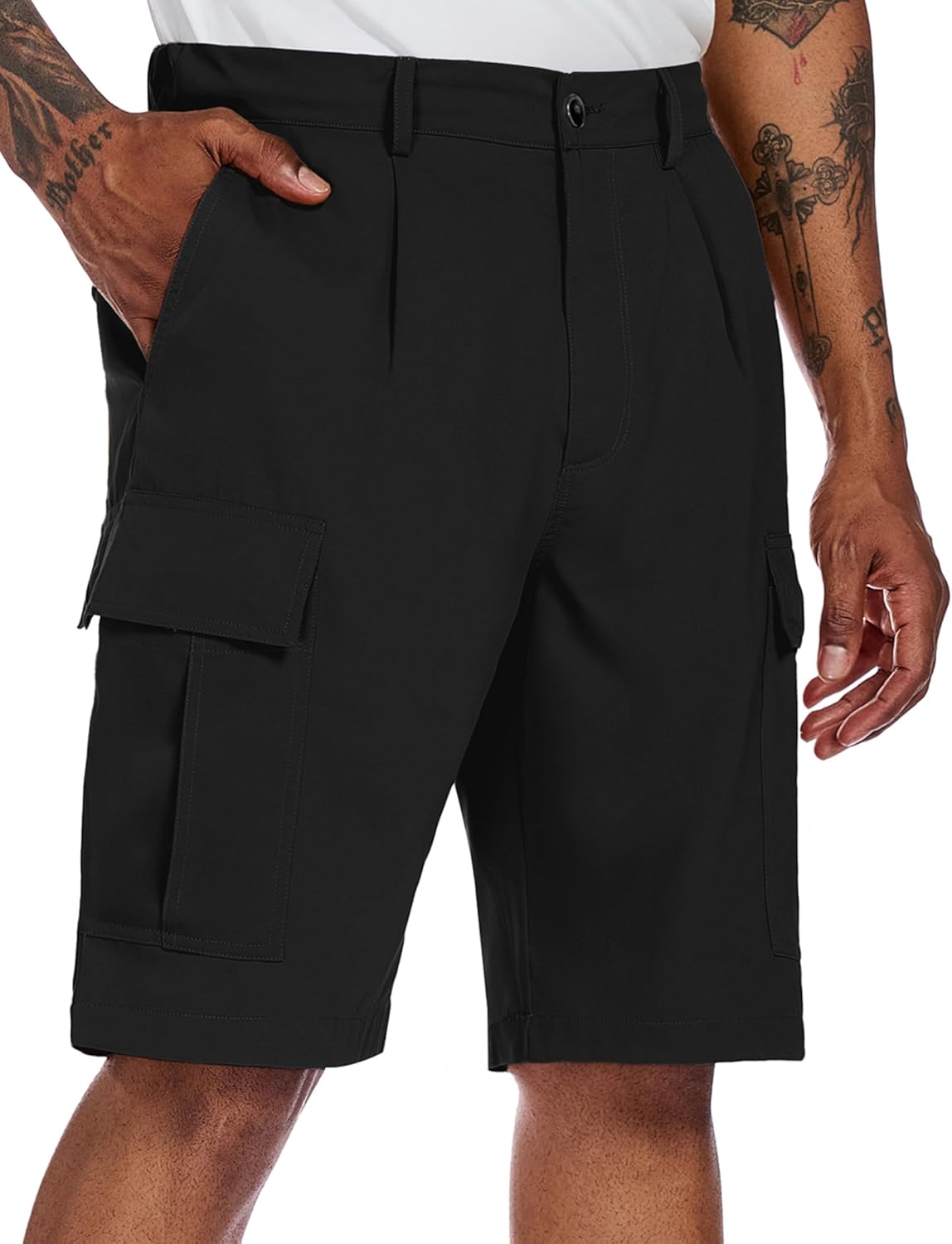 PEGENO Mens Cargo Shorts Elastic Waistband Drawstring Casual Classic Summer Hiking Work Shorts with 6 Pockets