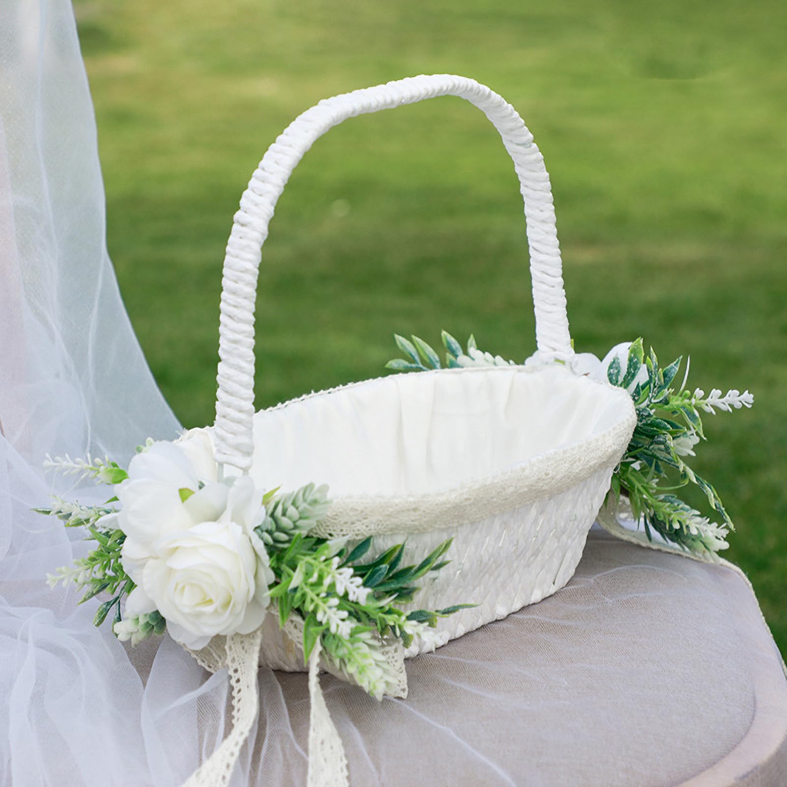 Cesto per Damigella di Fiori, Cestini Bianchi con Fiocco e Manico Pieghevole per Matrimoni e Pasqua