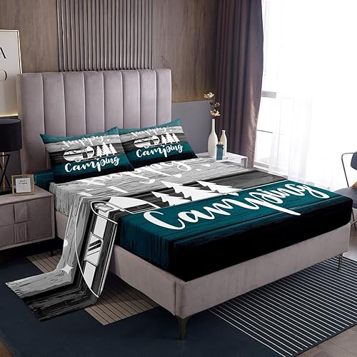 Juego de sábanas de camping con diseño de acuarela vintage a rayas de madera azul y gris para adolescentes y adultos, juego de ropa de cama estilo