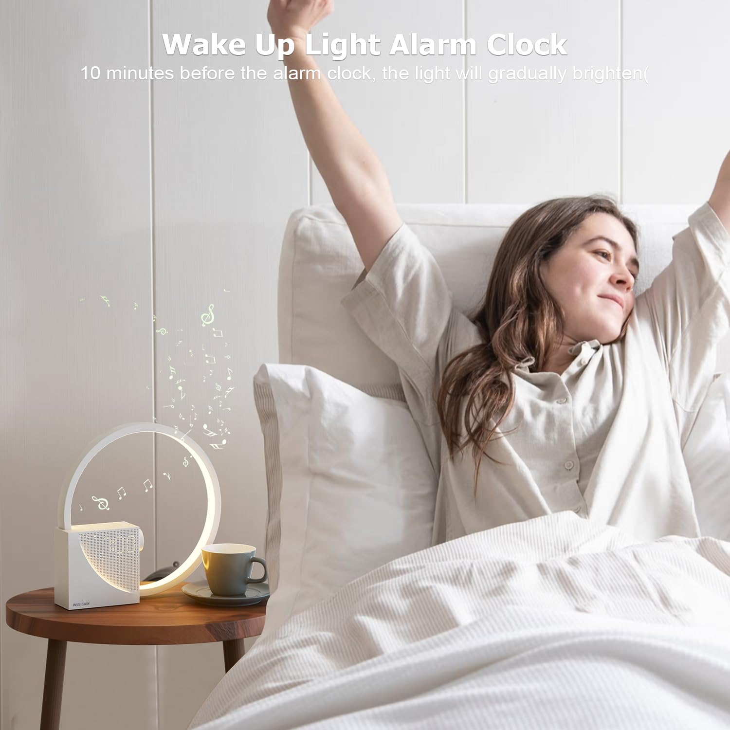 Lámpara De Cabecera De 10w, 2 Despertador, 10W Puertos de Carga USB, Luz Nocturna de 3 Niveles de Brillo,10 Sonidos Naturales,Ayudar a Dormir a Bebés Y Adultos (Beige)