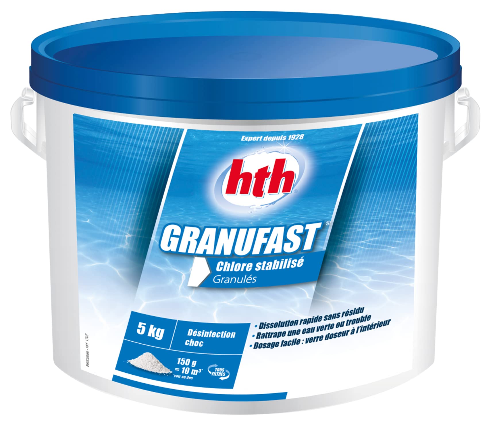 HTH GRANUFAST Granulés - 5kg | Chlore Choc Stabilisé - Désinfection Choc - Dissolution Rapide + 10 Tests HPS OFFERTS 6 en 1