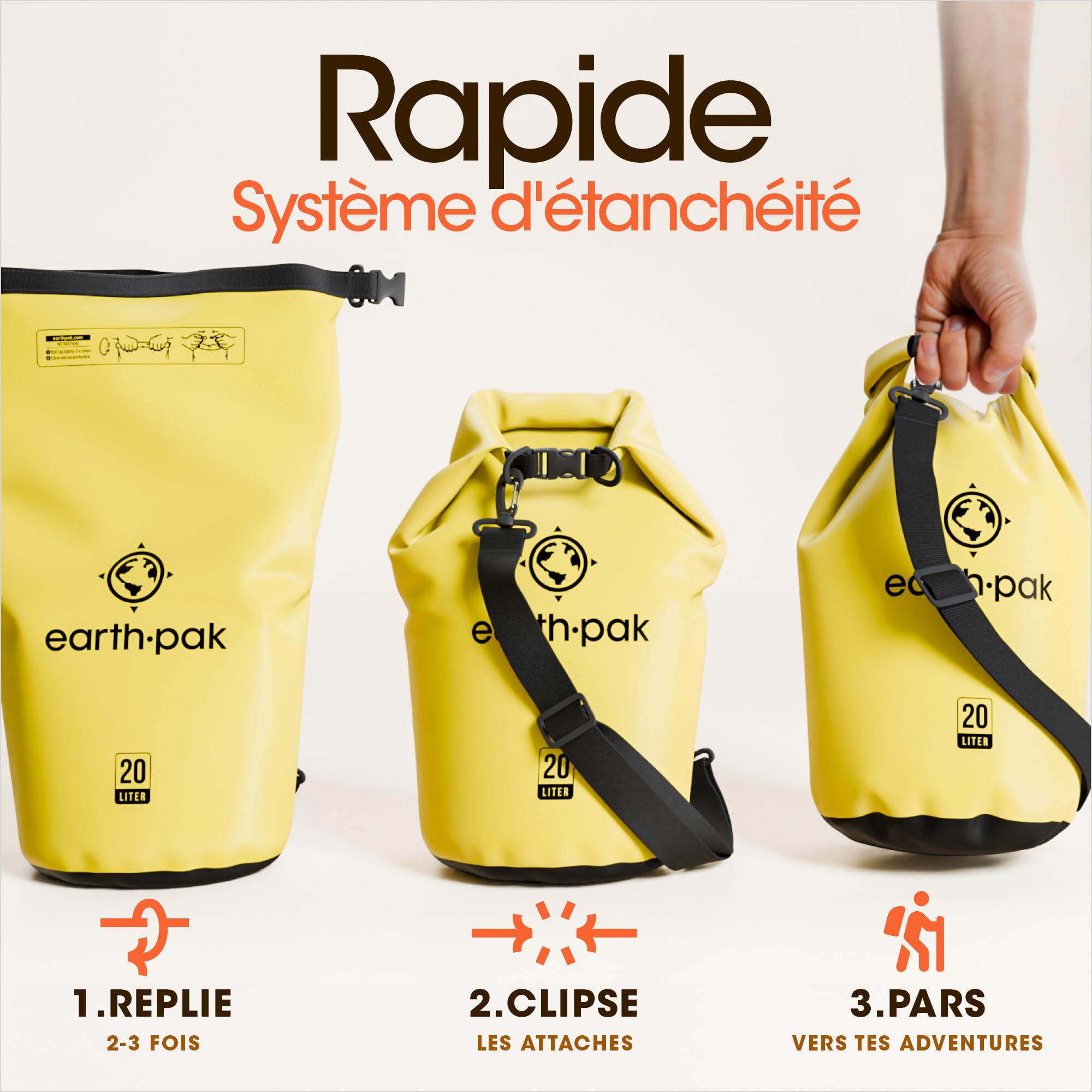 Sac Étanche 30L - Kayak Bateau Canoë Pêche Rafting Natation - Dry Bag | PVC 500D imperméable, coutures thermosoudées pour garder vos affaires au sec. Disponible en 30L, coloris Jaune.
