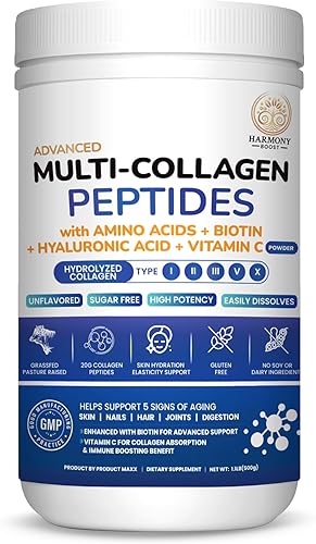 Miniatura 1 de Polvo de péptidos multicolágeno  Tipos hidrolizados I, II, III, V y X  Con biotina, ácido hialurónico, vitamina C  Apoya la piel, el cabello, las