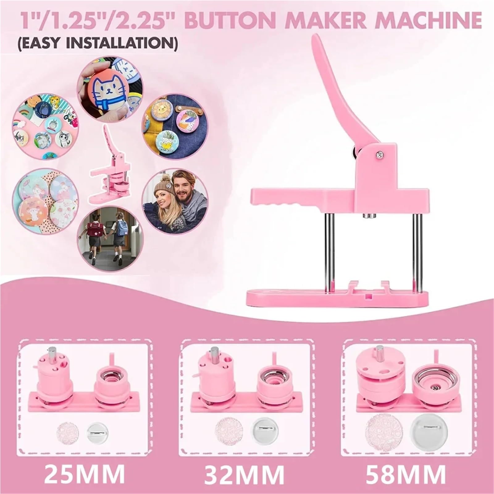 Badge Maschine Abzeichen Button Maker Maschine 25 + 32 + 58 MM DIY Brosche Button Abzeichen Maker Pin Maschine Magnet, der Maschine Badge Making Kit(25MM Pink)
