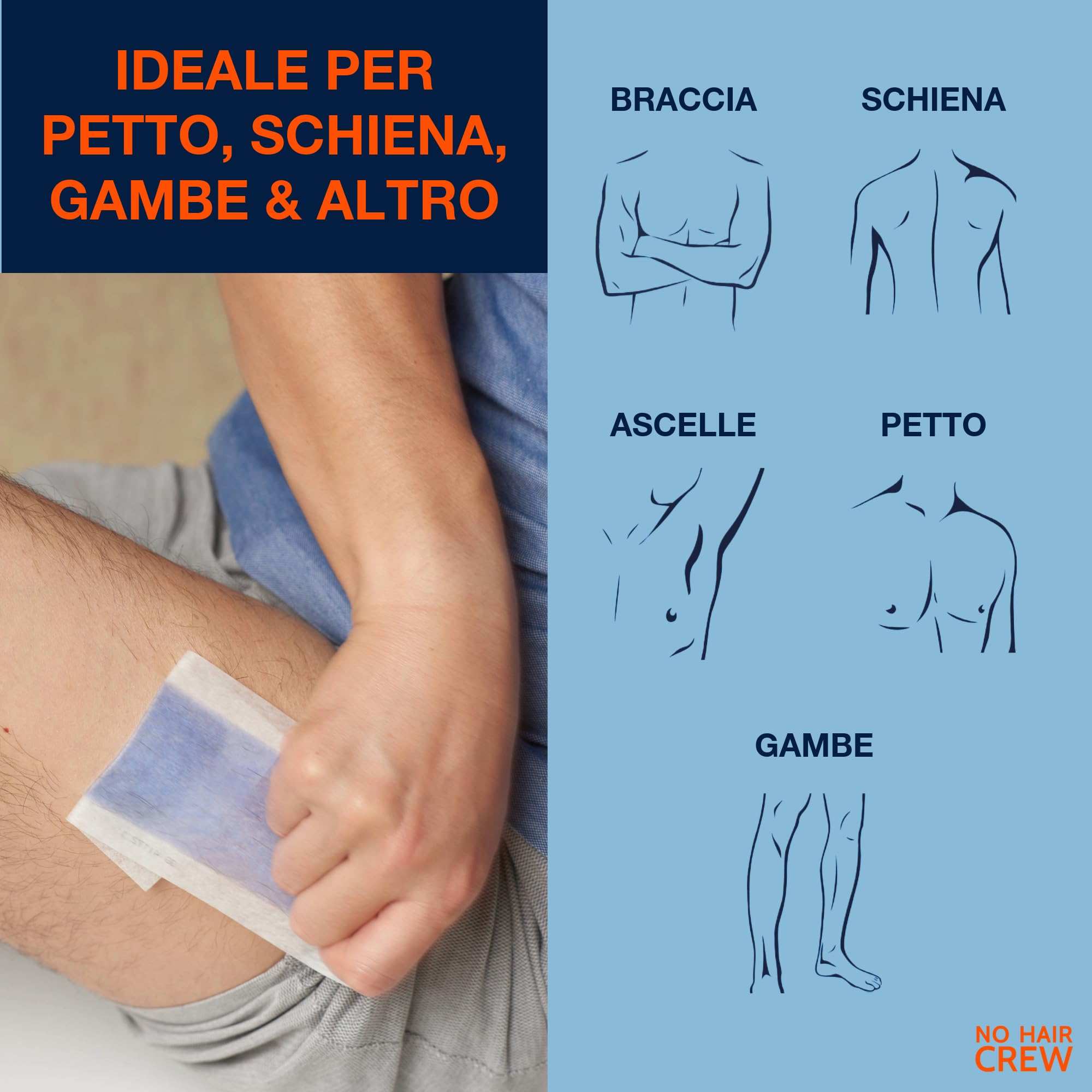 NO HAIR CREW Strisce Depilatorie Corpo Uomo Confezione da 3 (3 x 20 Strisce + Salviette Lenitive) – Depilazione a Lunga Durata