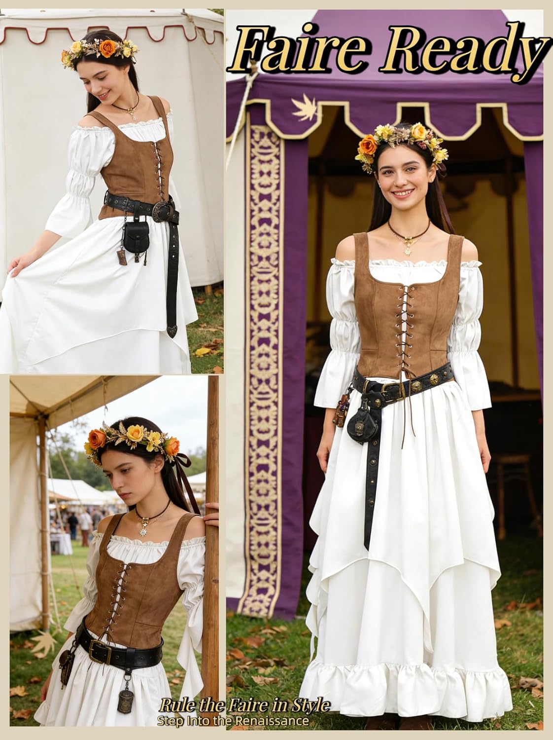 kasahara Women’s Renaissance Costume Set Medieval White Dress Lace-Up Vest & Vintage Necklace for Medieval Events - Image 2