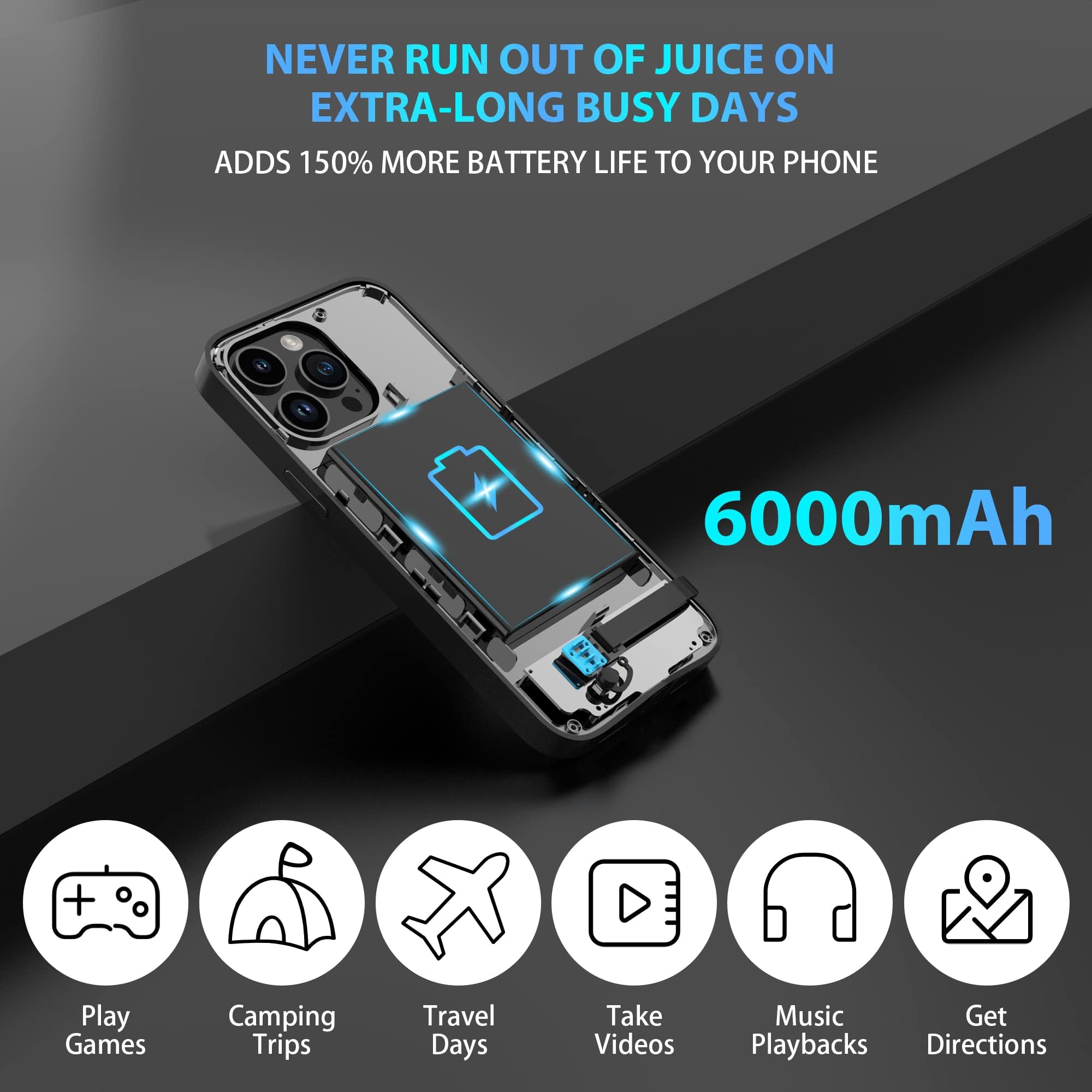 Fey Battery Case for iPhone 16 Pro Max, Extended Battery Power Charging Case for iPhone 16 Pro Max 5G Portable Rechargeable Protective Charger Cover, Perfect for Business Travel, Black