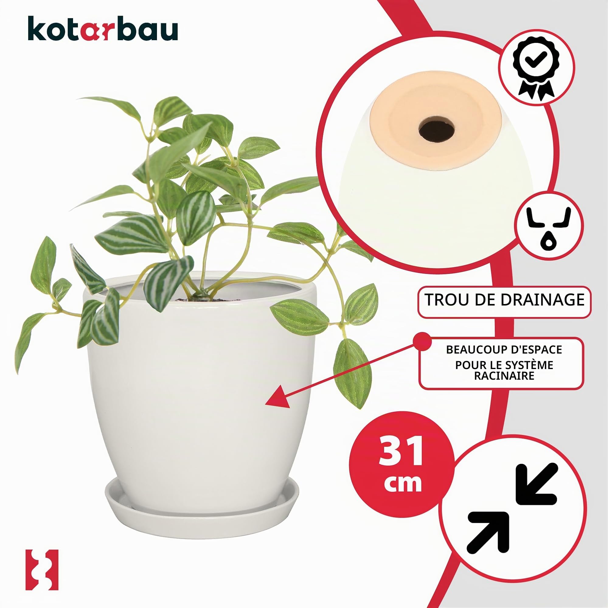 KOTARBAU Pot de fleurs avec soucoupe - Blanc - Diamètre : 31 cm - Hauteur : 30 cm - En céramique émaillée - Grand pot de fleurs pour cactus